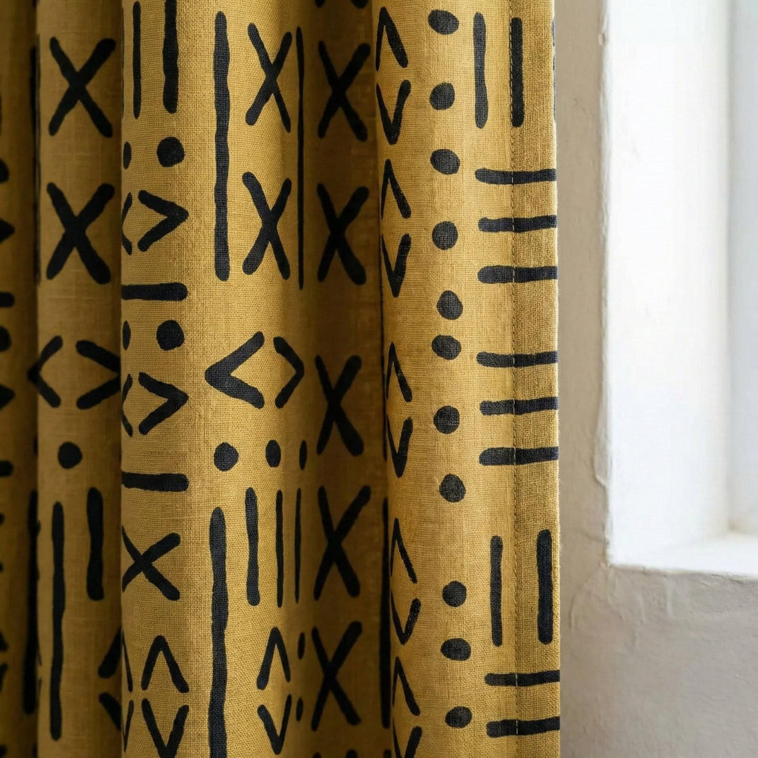 Mustard Linen Curtains, Black Tribal Print, Custom Size — image 1