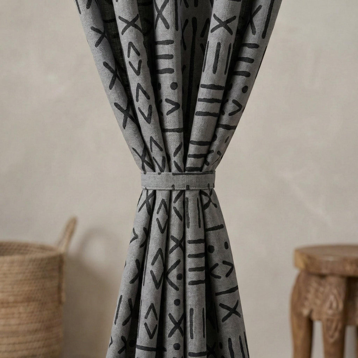 Charcoal Gray Linen Curtains, Black Tribal Mudcloth Print, Custom Size — image 3