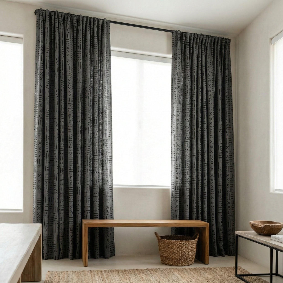 Charcoal Gray Linen Curtains, Black Tribal Mudcloth Print, Custom Size — image 9