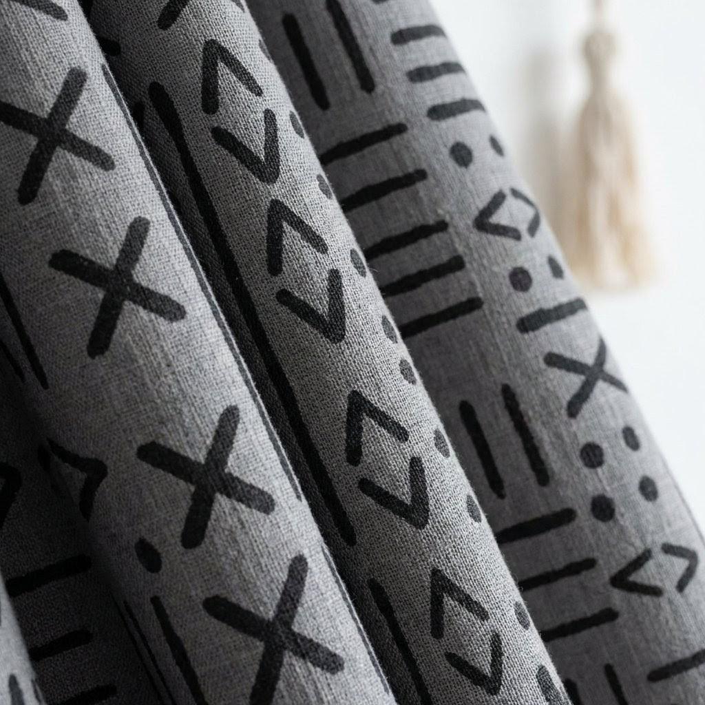 Charcoal Gray Linen Curtains, Black Tribal Mudcloth Print, Custom Size — image 8