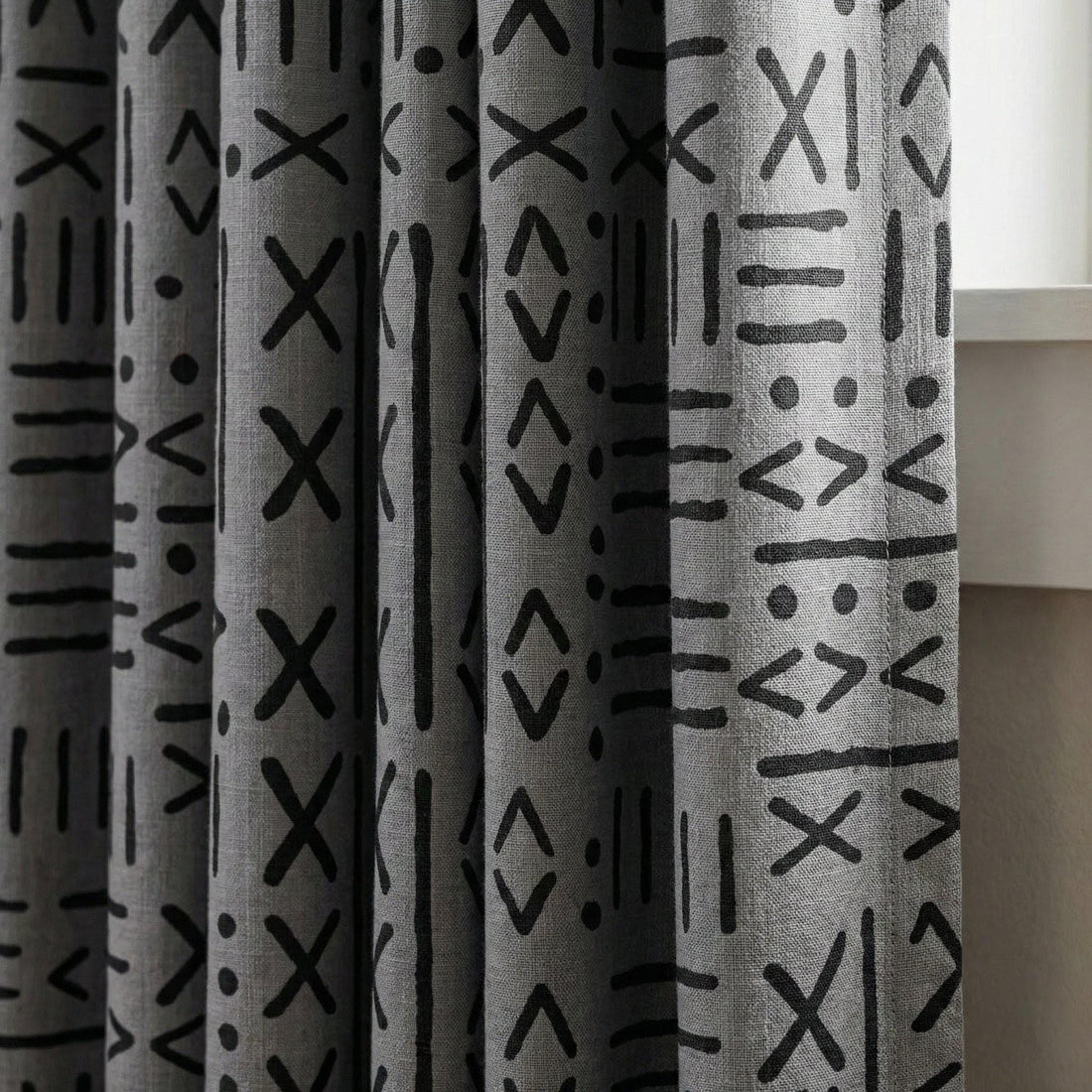 Charcoal Gray Linen Curtains, Black Tribal Mudcloth Print, Custom Size — image 1