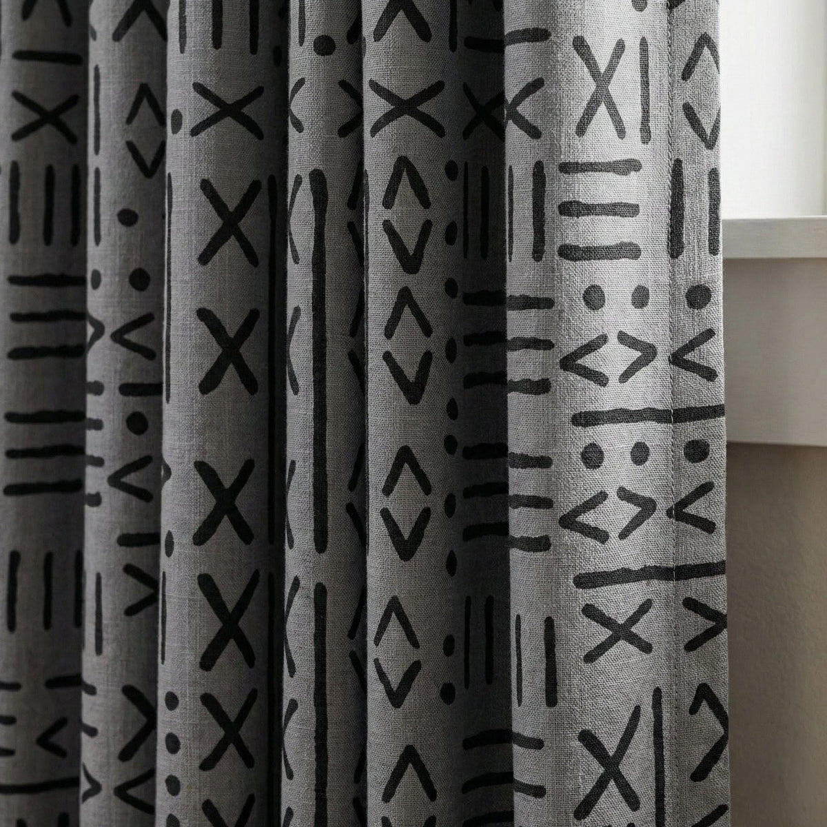Charcoal Gray Linen Curtains, Black Tribal Mudcloth Print, Custom Size — image 1