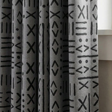 Charcoal Gray Linen Curtains, Black Tribal Mudcloth Print, Custom Size — image 1