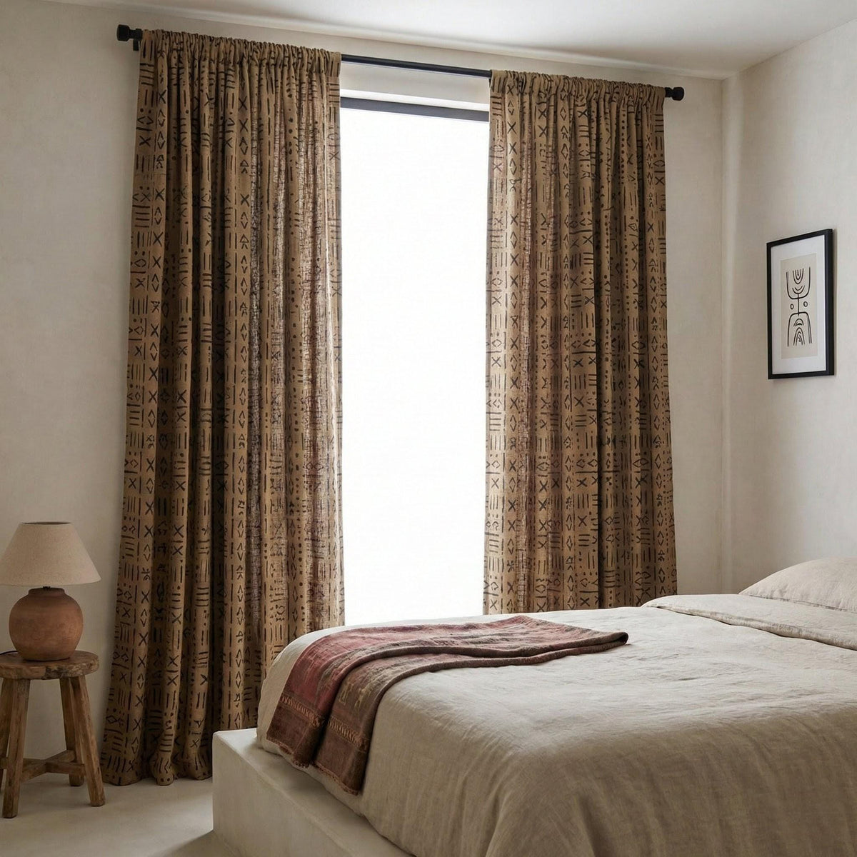 Taupe Linen Curtains, Black Mudcloth Tribal Print, Custom Size — image 7