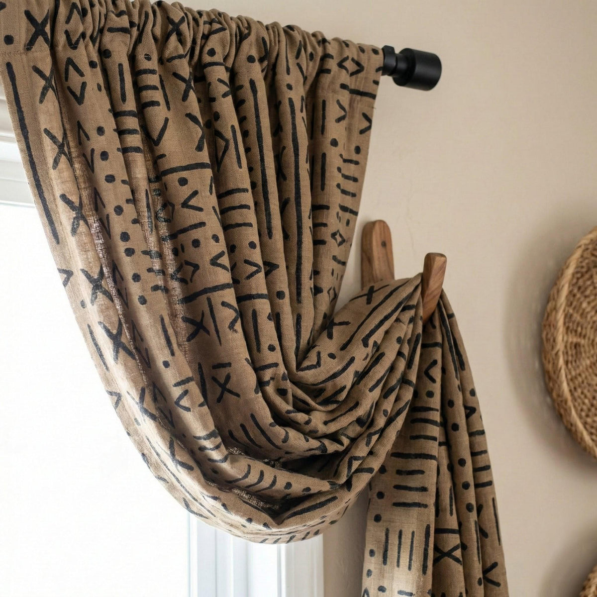 Taupe Linen Curtains, Black Mudcloth Tribal Print, Custom Size — image 6