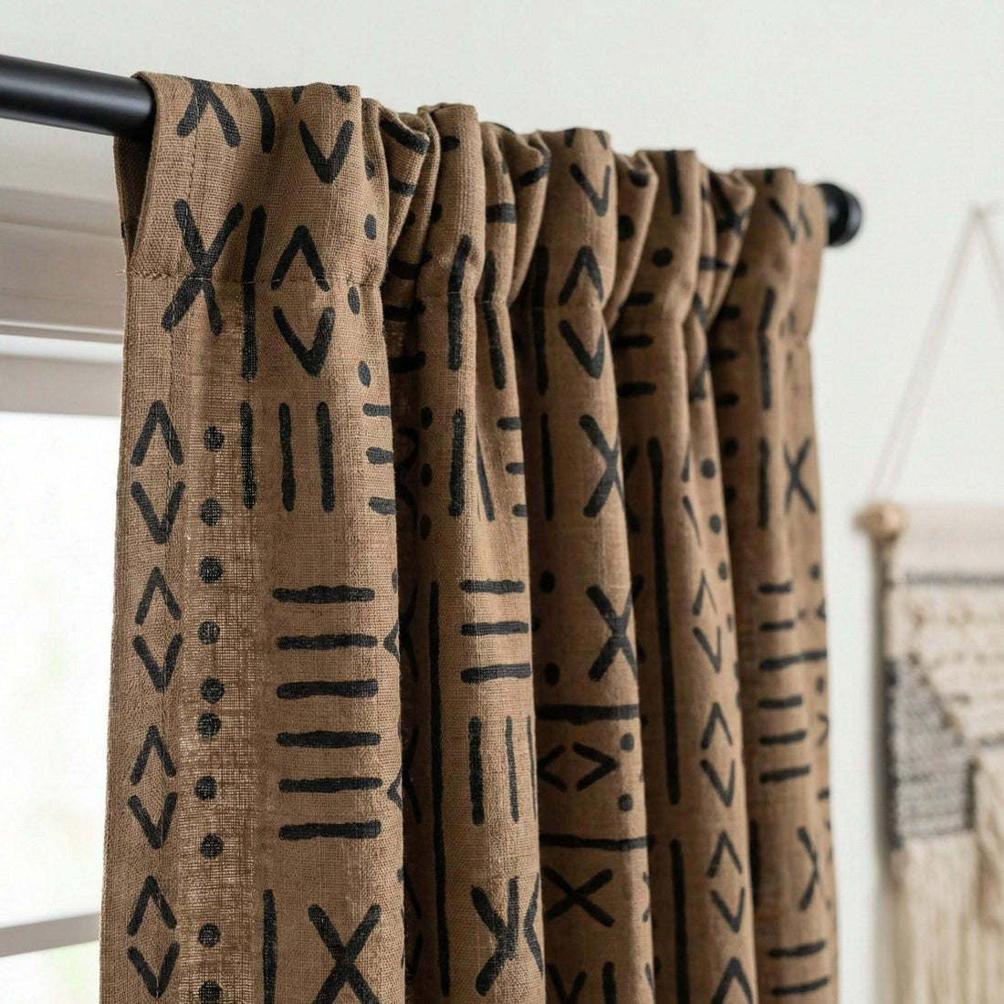 Taupe Linen Curtains, Black Mudcloth Tribal Print, Custom Size — image 1