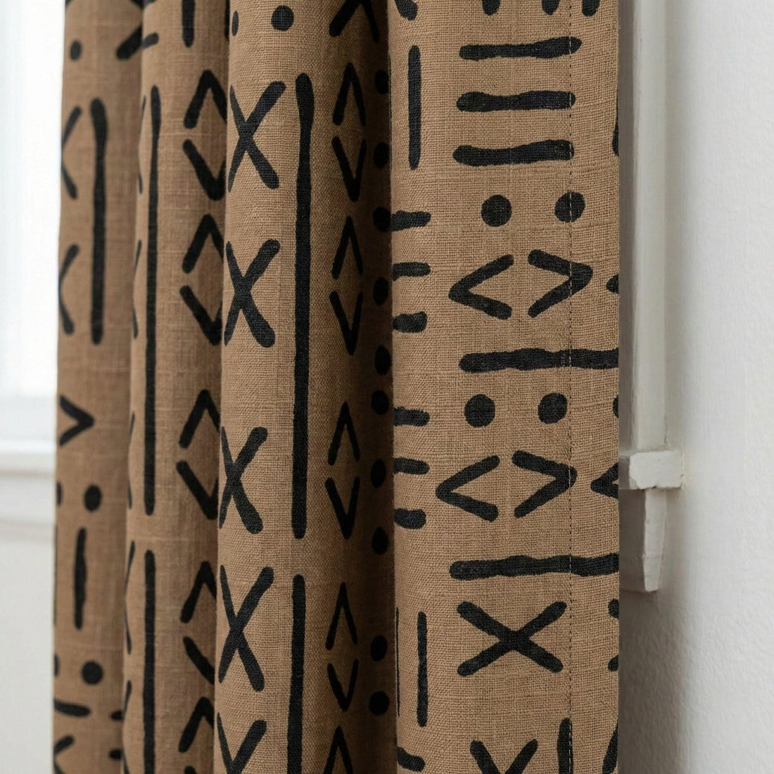 Taupe Linen Curtains, Black Mudcloth Tribal Print, Custom Size — image 1
