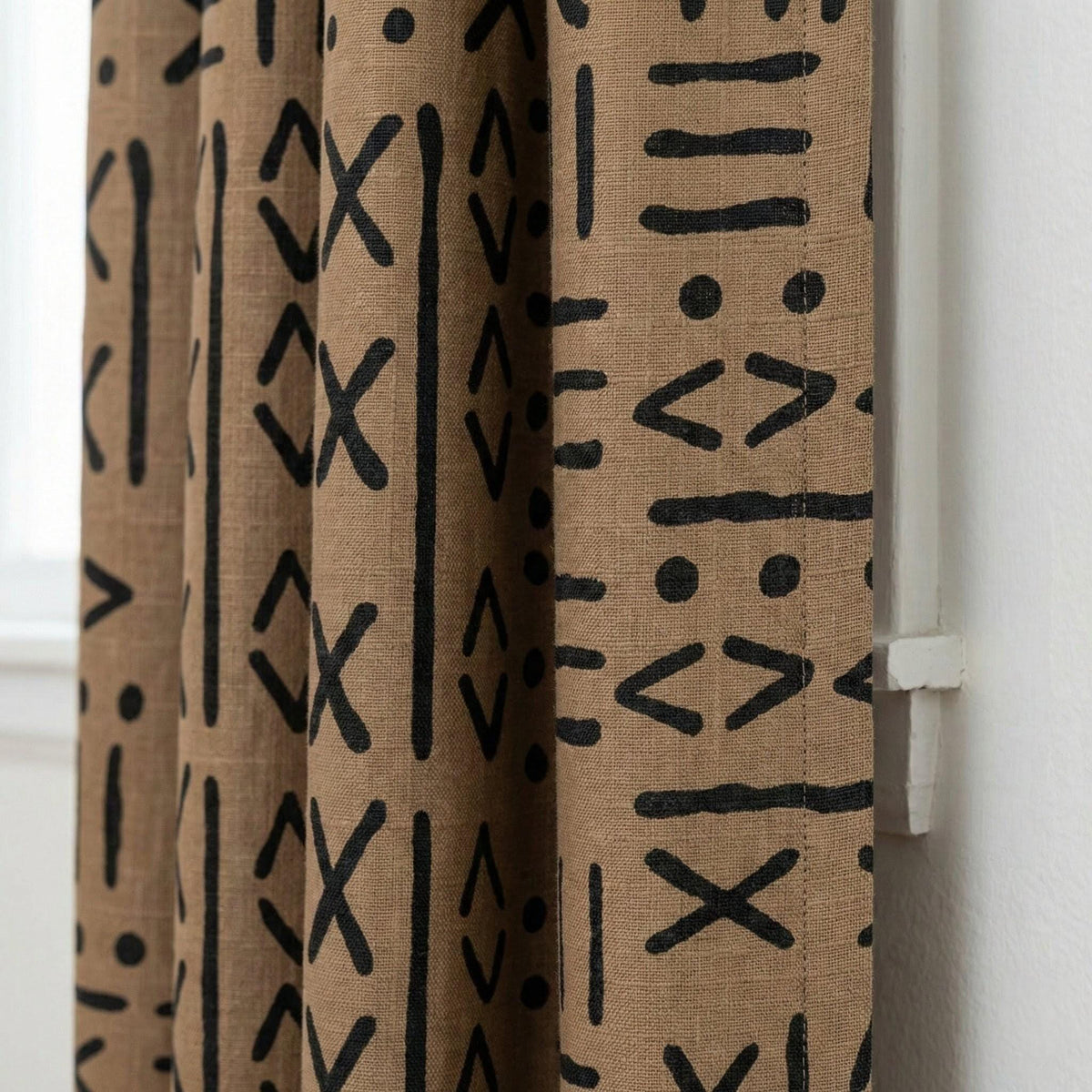 Taupe Linen Curtains, Black Mudcloth Tribal Print, Custom Size — image 2