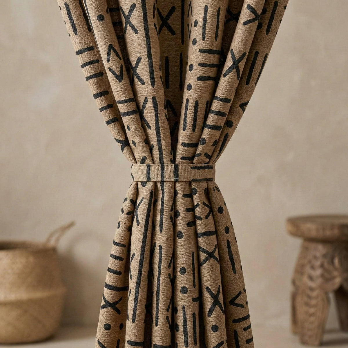 Taupe Linen Curtains, Black Mudcloth Tribal Print, Custom Size — image 3