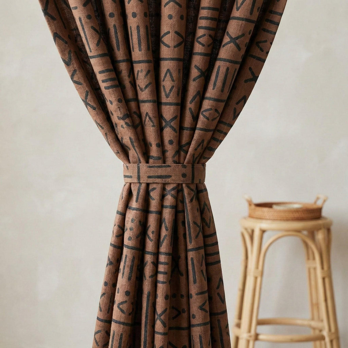 Rust Brown Linen Curtains, Black Tribal Mudcloth Print, Custom Size — image 3