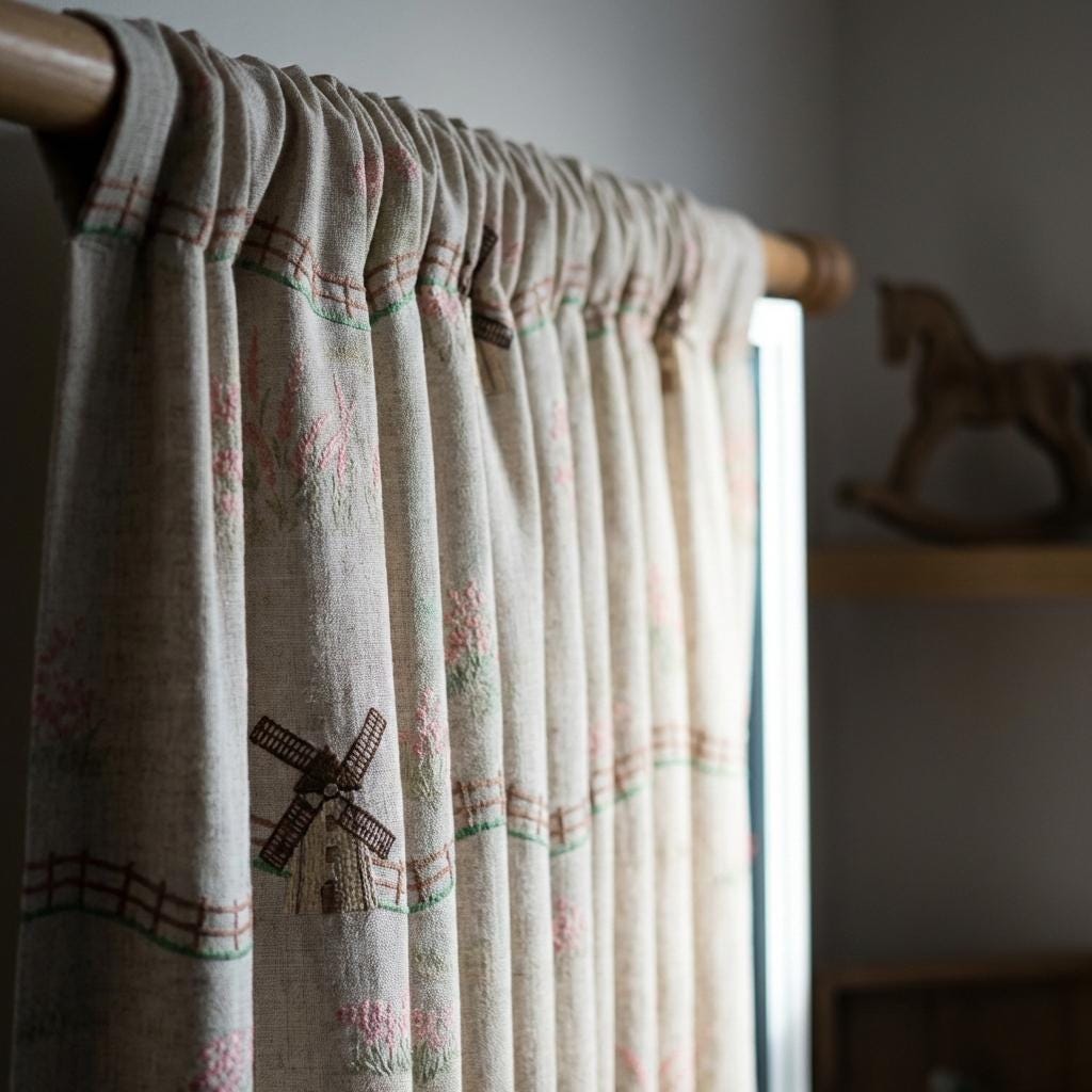 Embroidered Linen Curtains: Windmill Design, Natural Beige — image 8