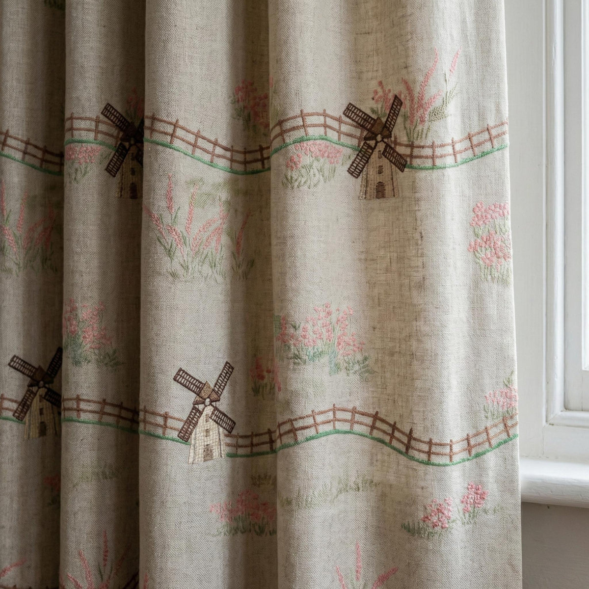 Embroidered Linen Curtains: Windmill Design, Natural Beige — image 4