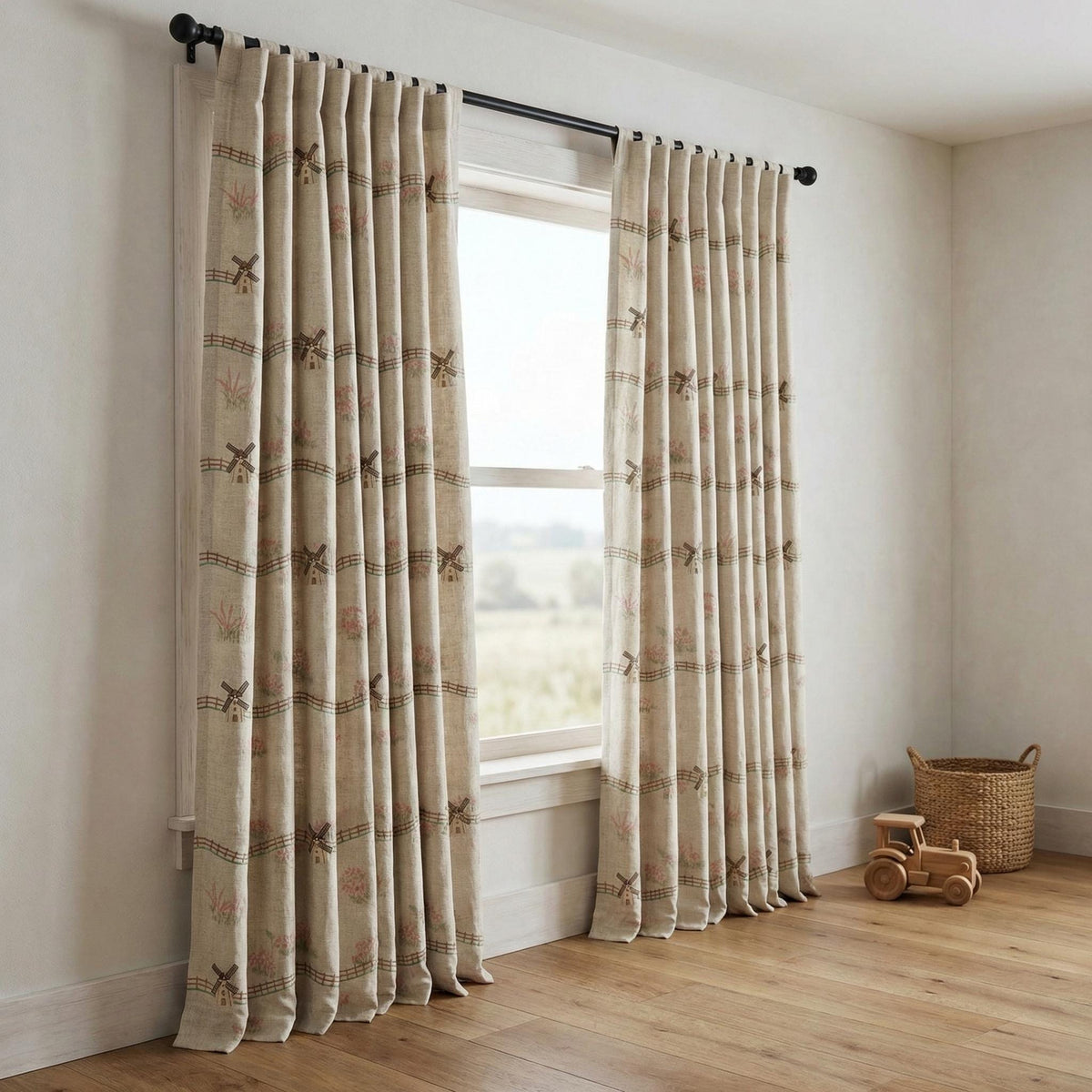 Embroidered Linen Curtains: Windmill Design, Natural Beige — image 5