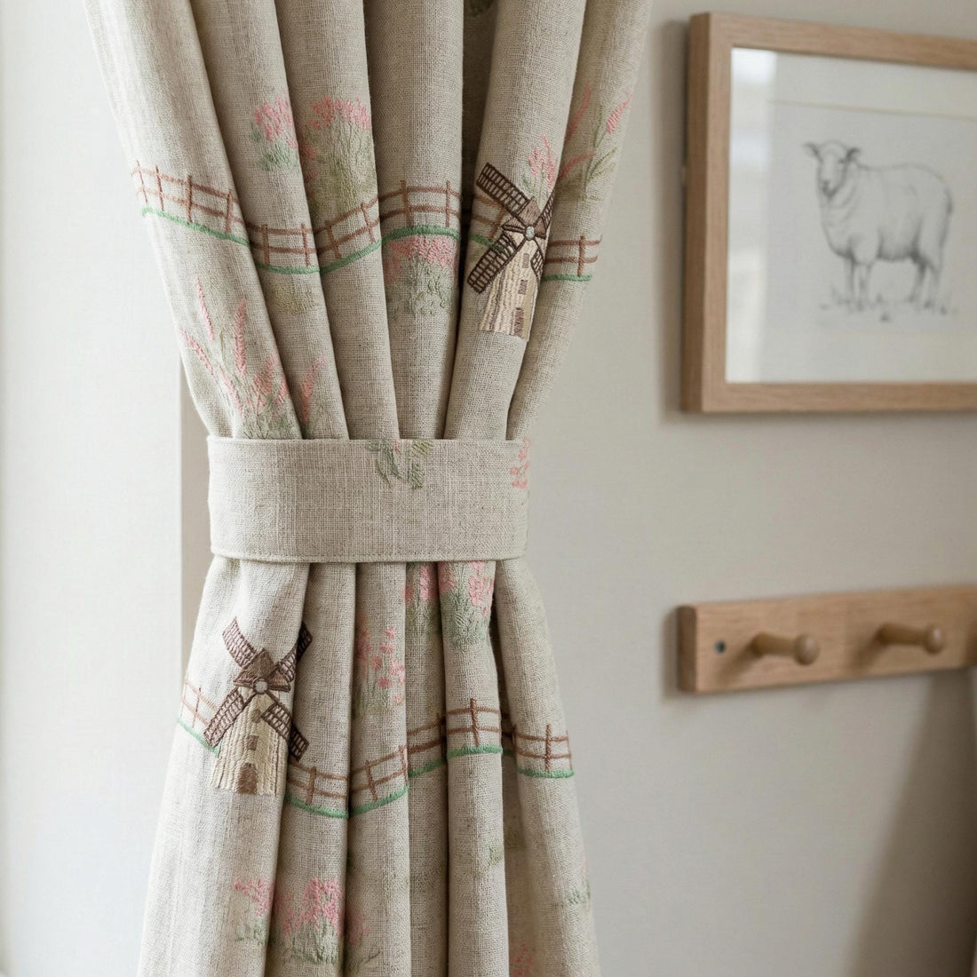Embroidered Linen Curtains: Windmill Design, Natural Beige — image 1
