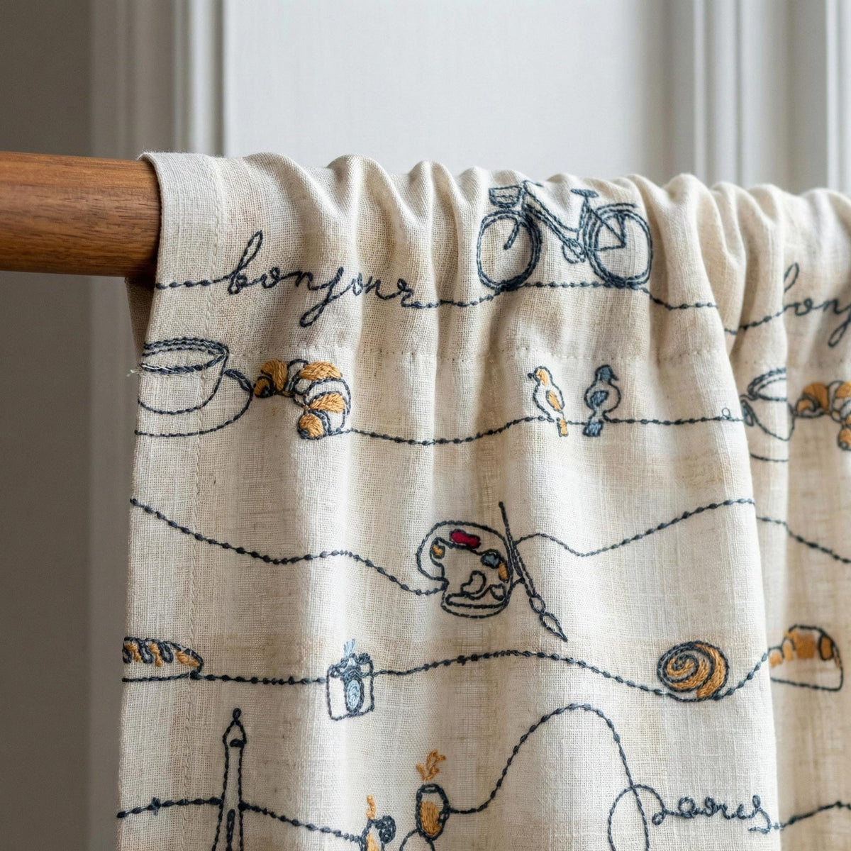 Embroidered Linen Nursery Curtains, Paris Theme, White Linen Drapes — image 3