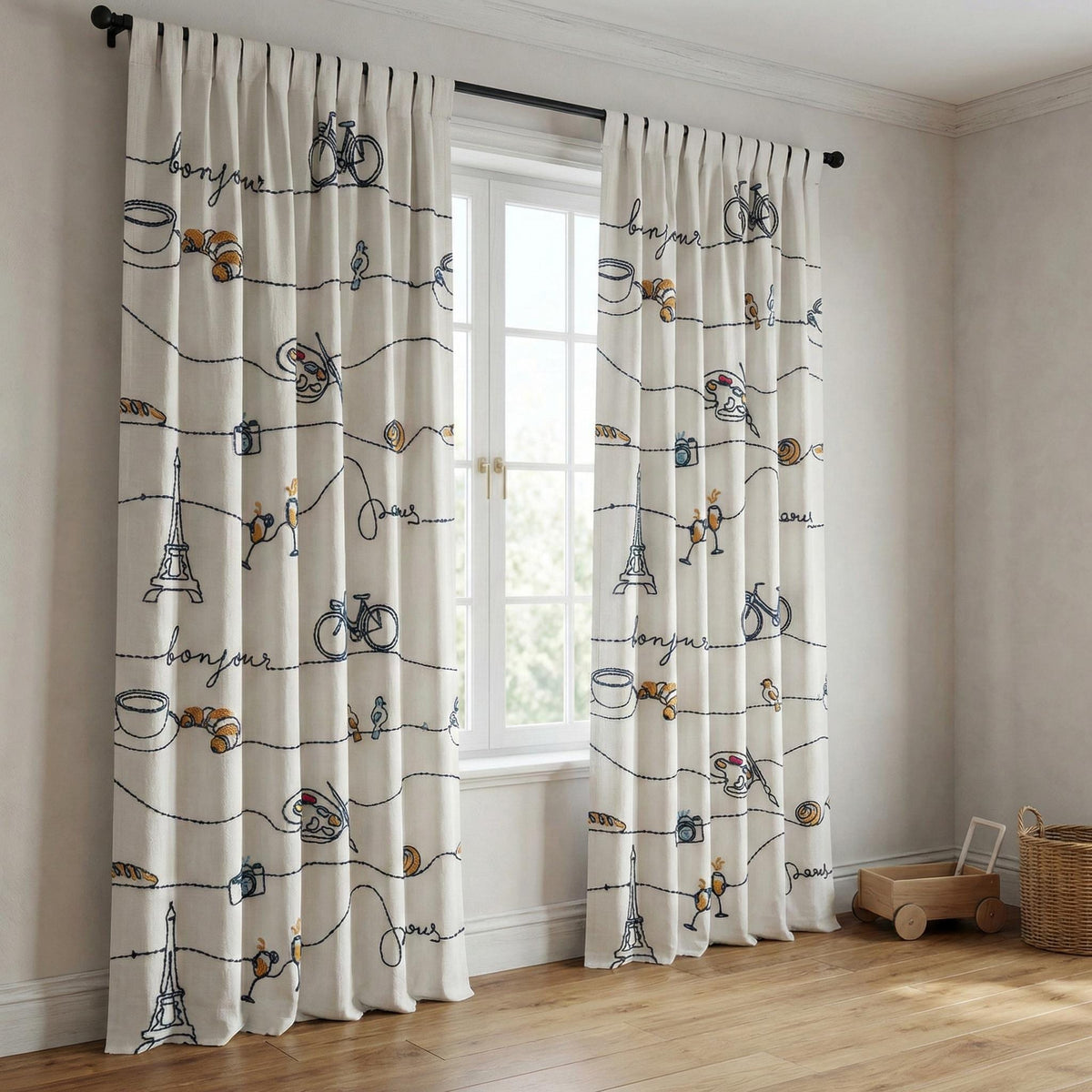 Embroidered Linen Nursery Curtains, Paris Theme, White Linen Drapes — image 7