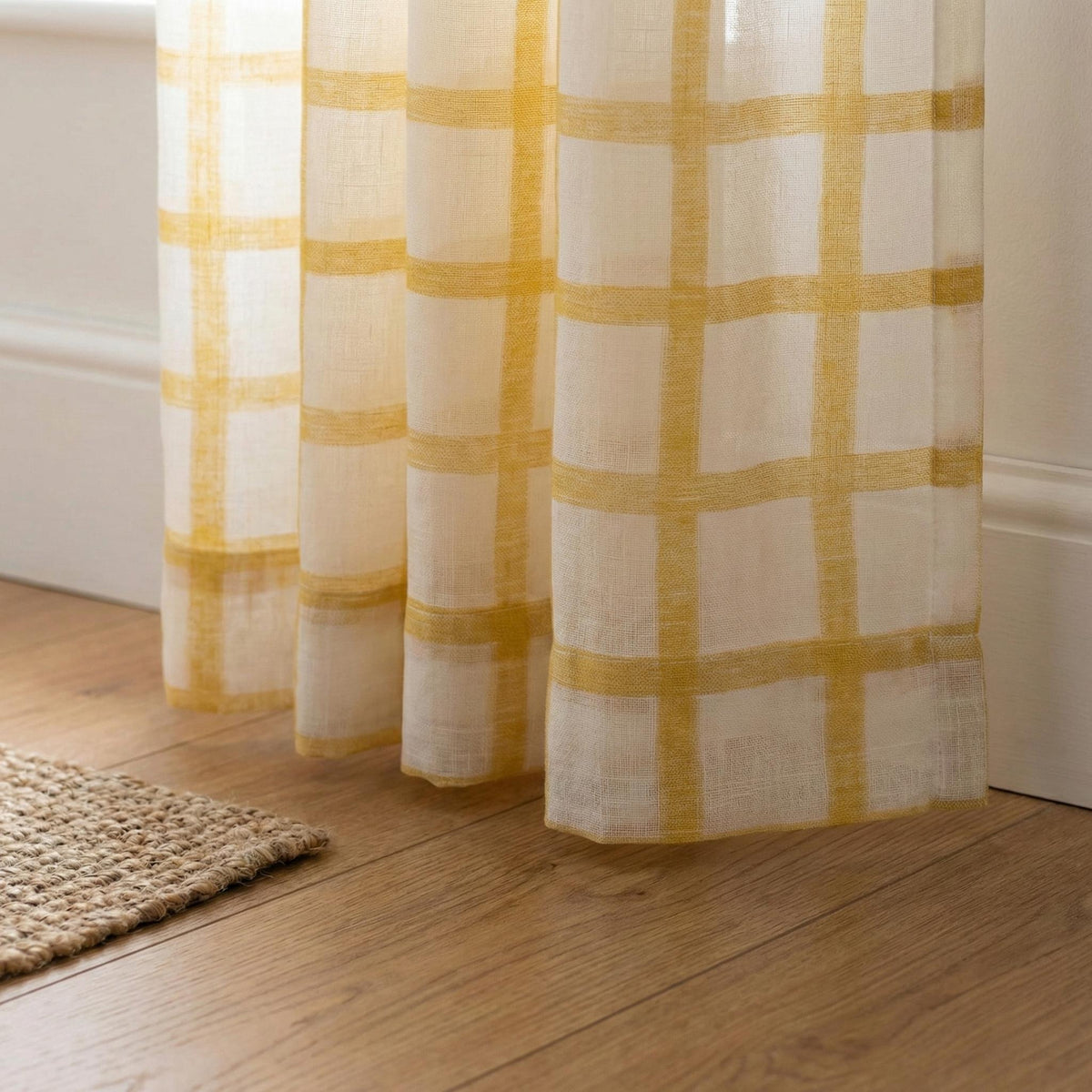 White Linen Sheer Curtains, Mustard Windowpane Plaid, Kids Nursery Drapes — image 3