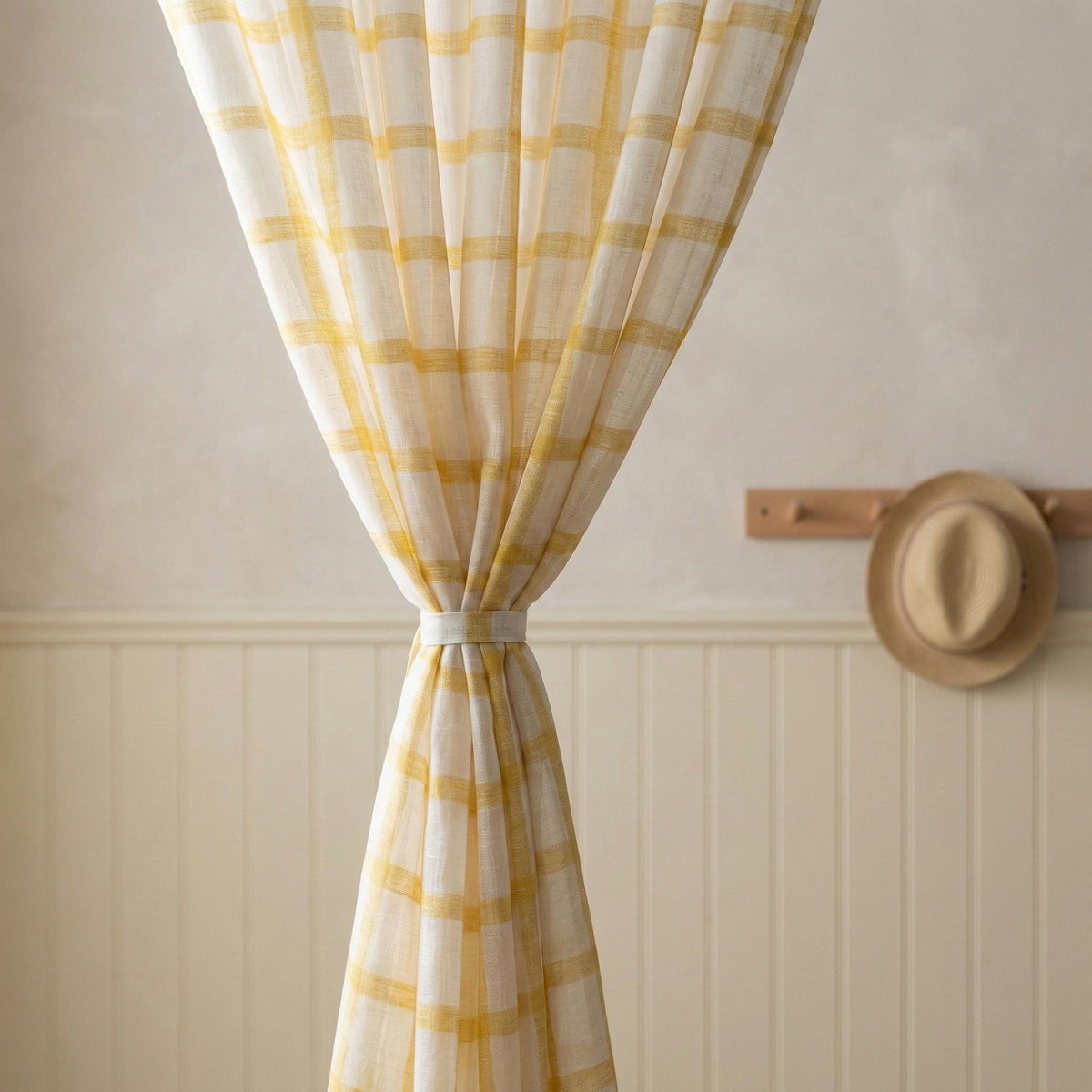 White Linen Sheer Curtains, Mustard Windowpane Plaid, Kids Nursery Drapes — image 2