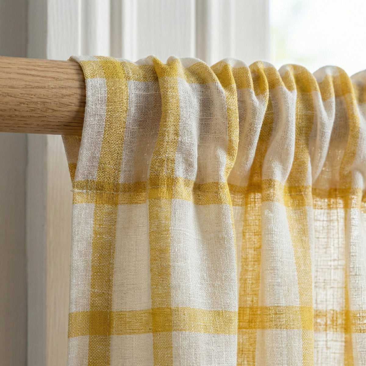 White Linen Sheer Curtains, Mustard Windowpane Plaid, Kids Nursery Drapes — image 4