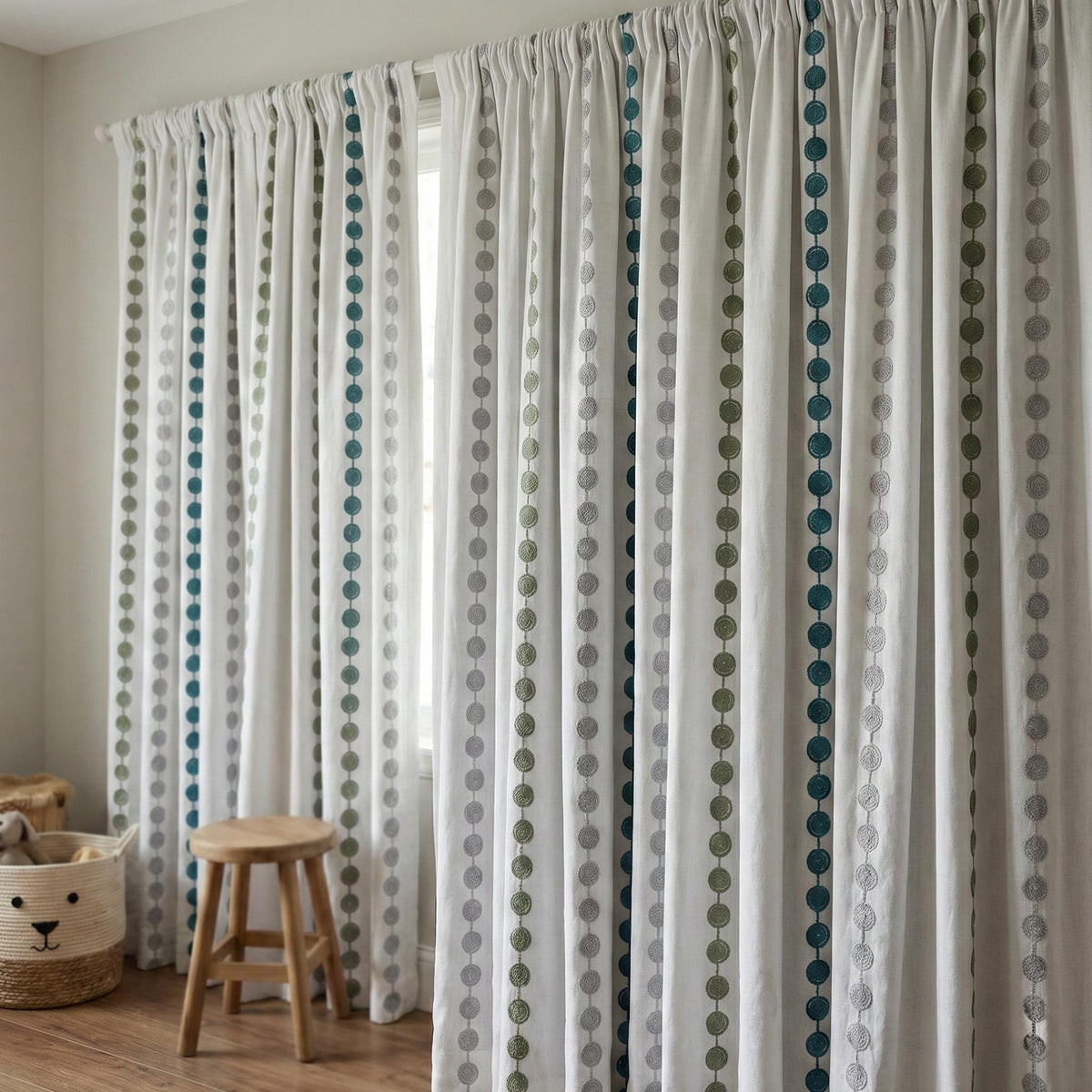 Embroidered Linen Curtains, Dot Stripe, Nursery Kids Room Drapes — image 7