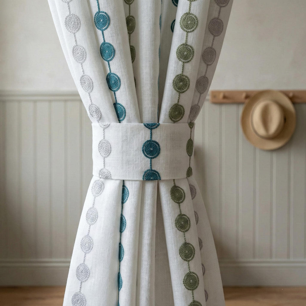 Embroidered Linen Curtains, Dot Stripe, Nursery Kids Room Drapes — image 1