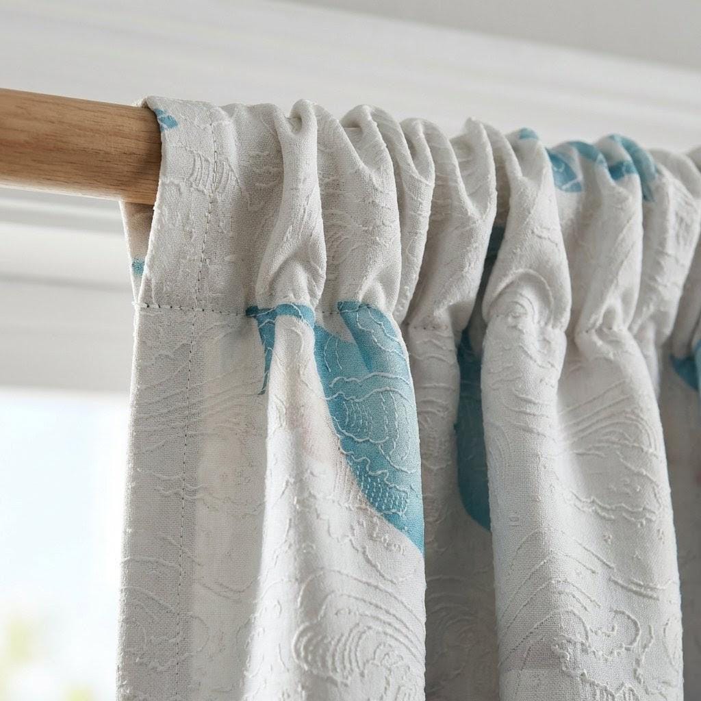 White Linen Nursery Curtains, Blue Whale Print, Wave Jacquard — image 7