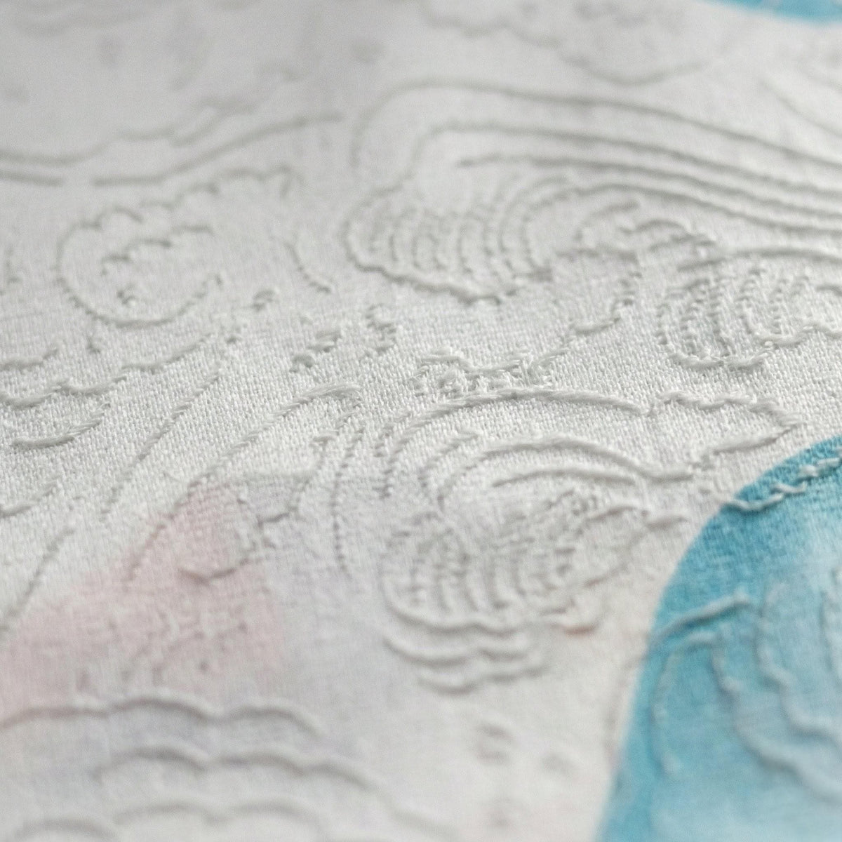 White Linen Nursery Curtains, Blue Whale Print, Wave Jacquard — image 3