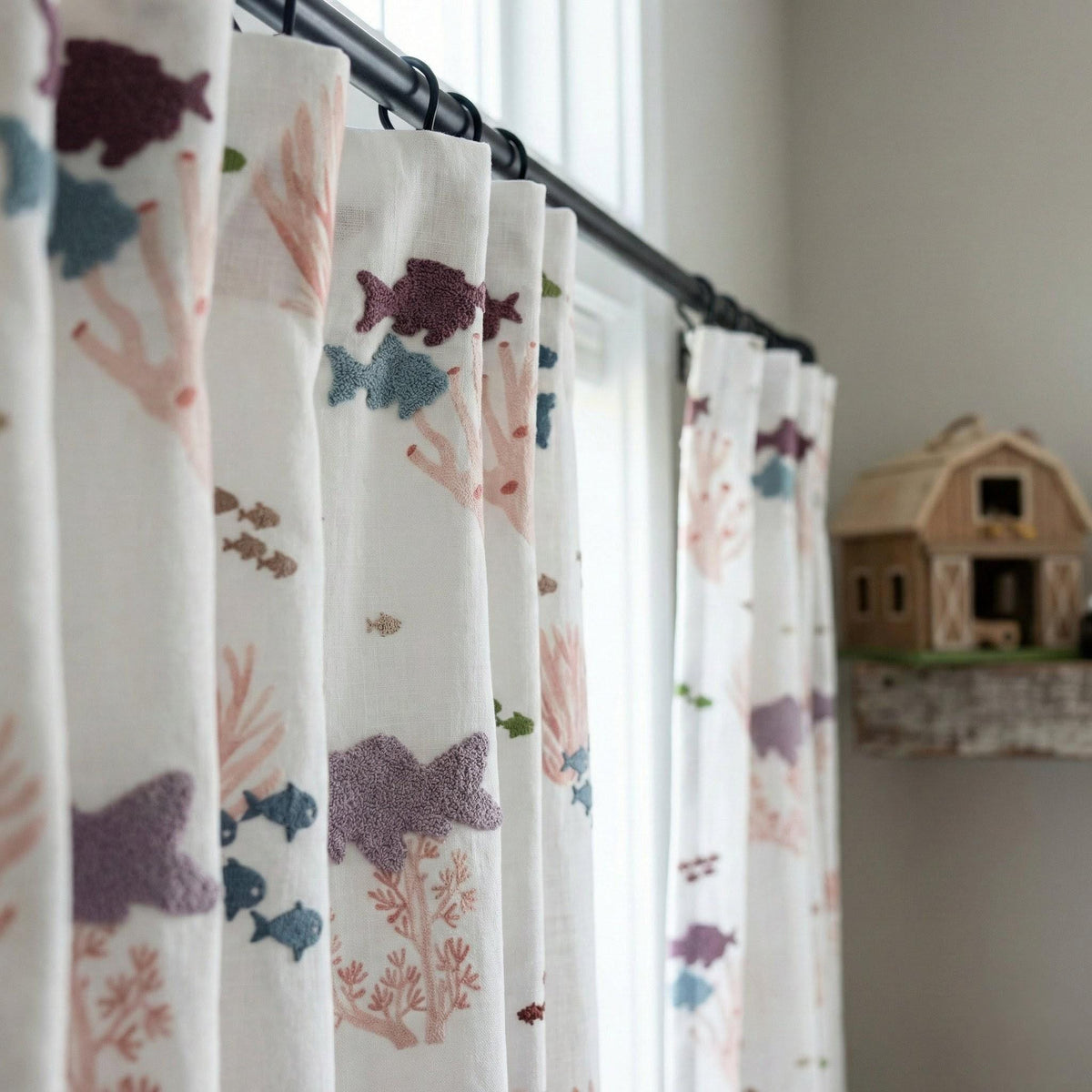 White Linen Embroidered Curtains: Fish & Coral, Kids Room — image 3