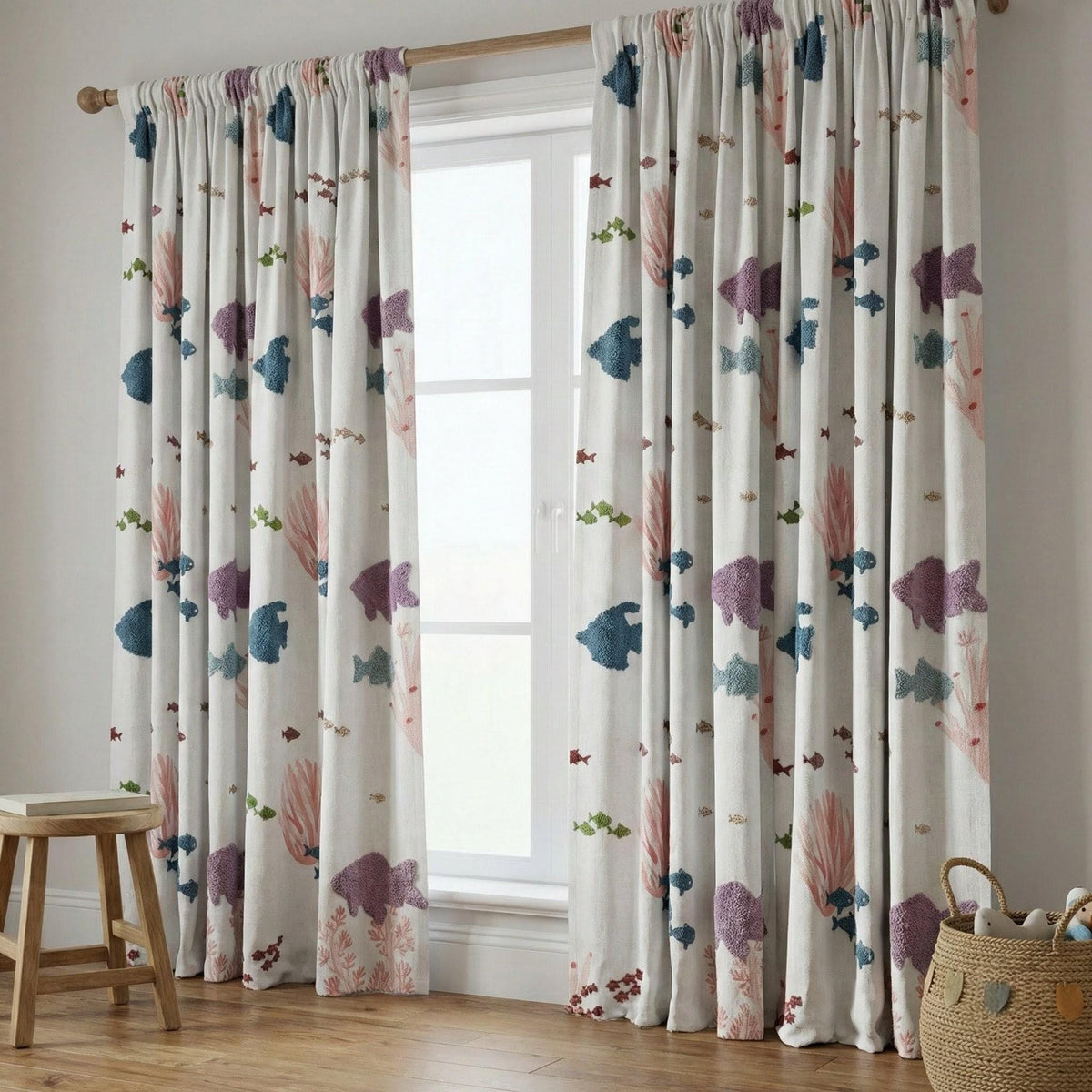 White Linen Embroidered Curtains: Fish & Coral, Kids Room — image 8
