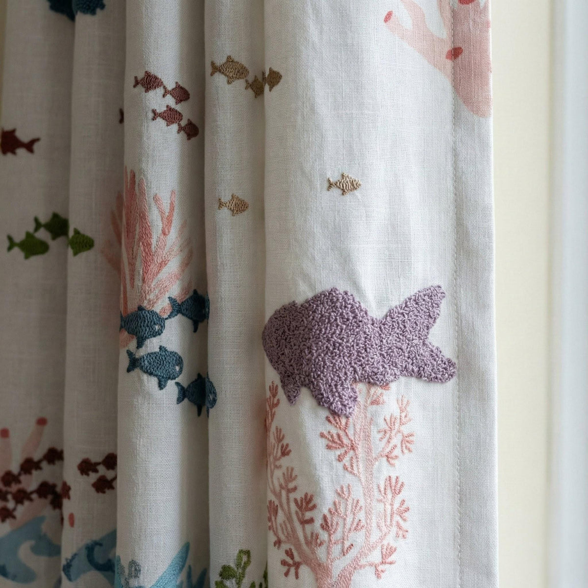 White Linen Embroidered Curtains: Fish & Coral, Kids Room — image 1