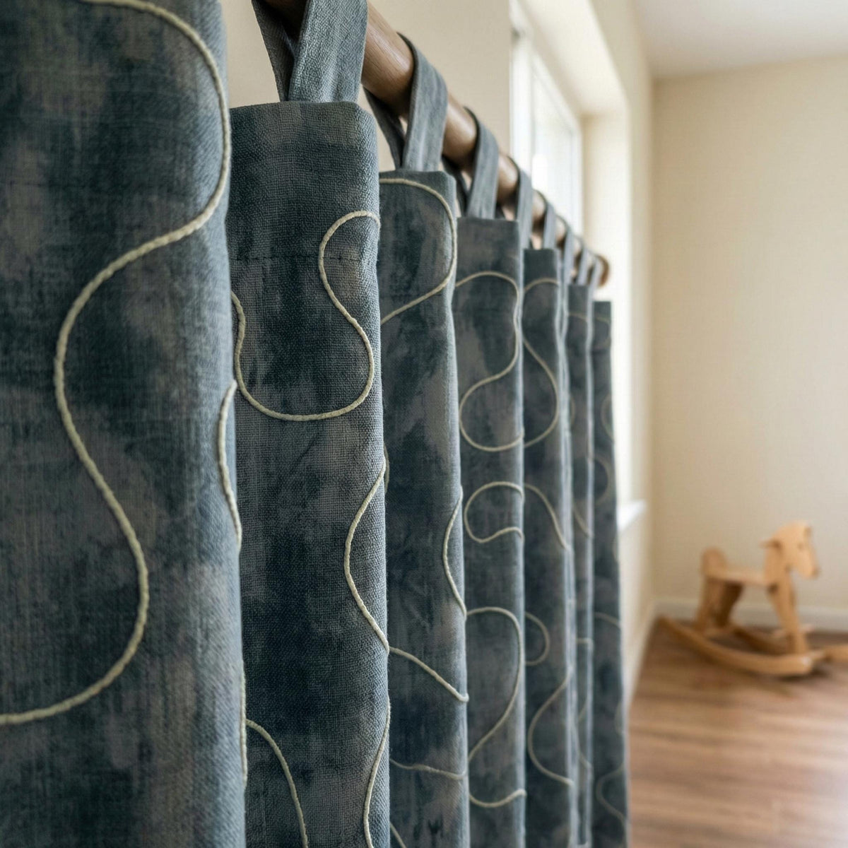 Denim Blue Linen Curtains, Abstract Squiggle Embroidery, Nursery Blackout Drapes — image 5