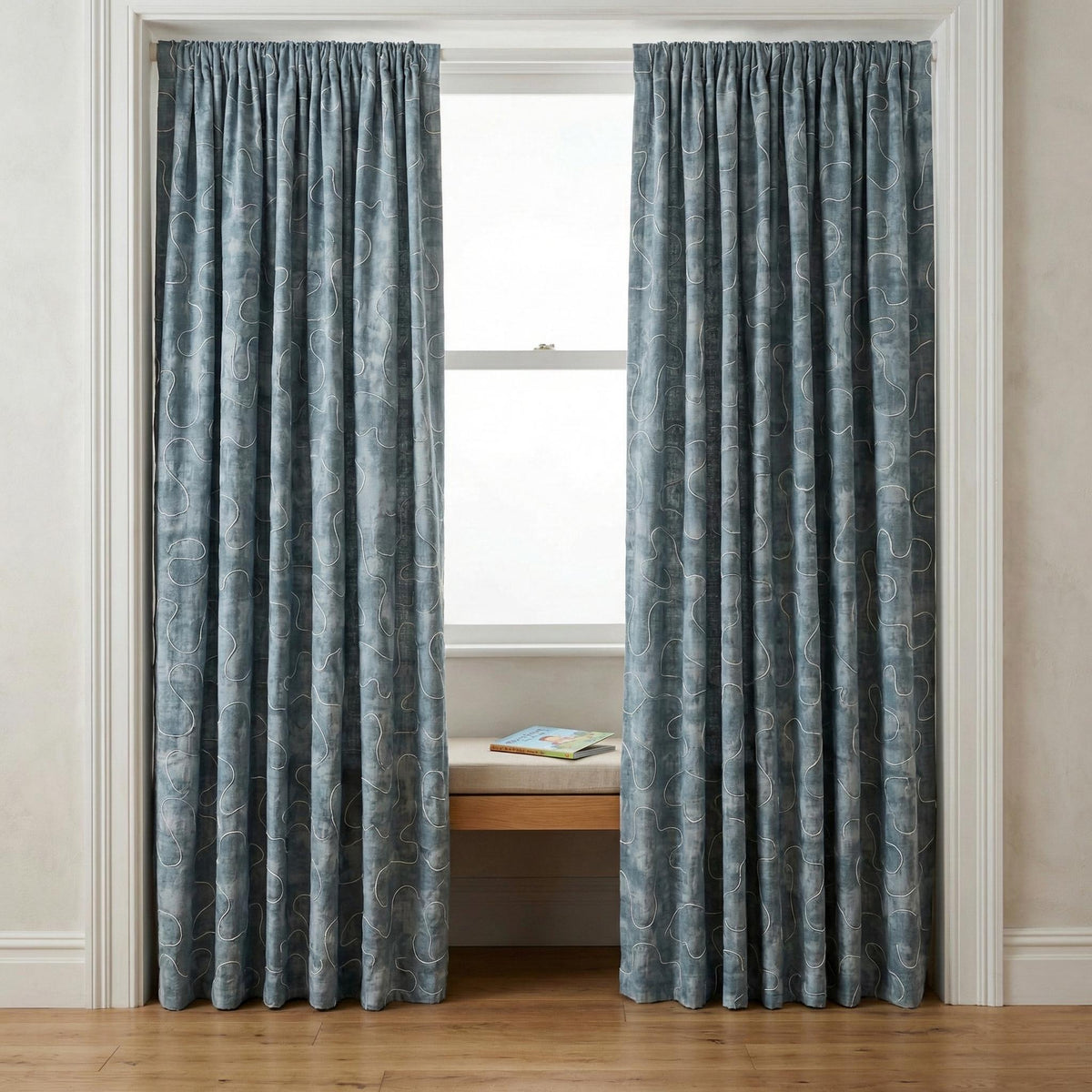Denim Blue Linen Curtains, Abstract Squiggle Embroidery, Nursery Blackout Drapes — image 6