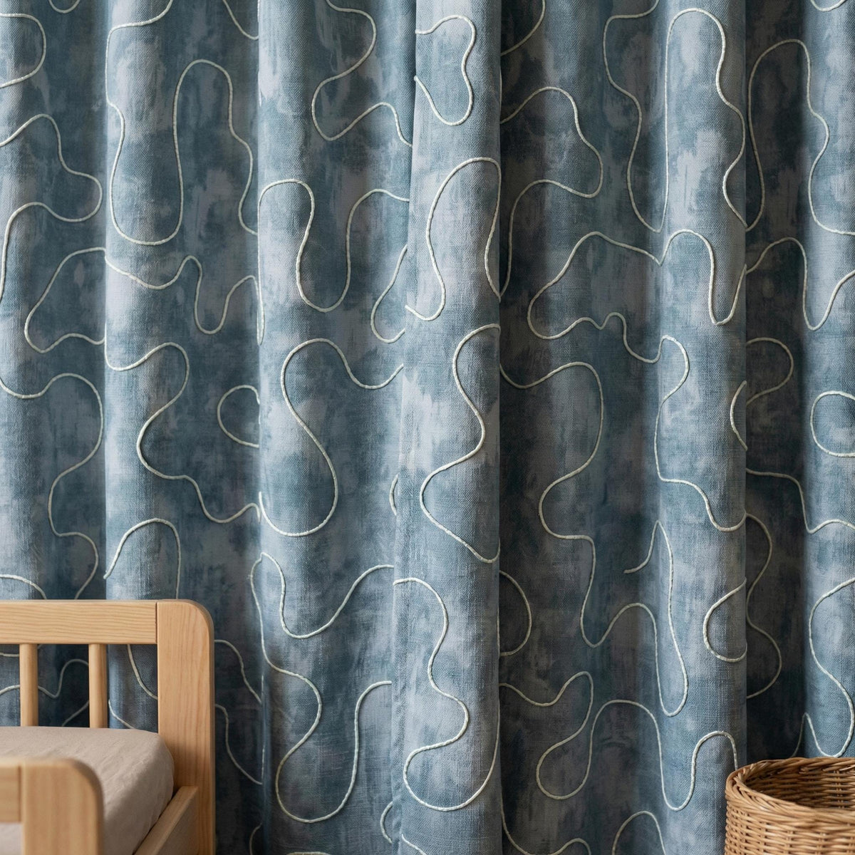 Denim Blue Linen Curtains, Abstract Squiggle Embroidery, Nursery Blackout Drapes — image 2