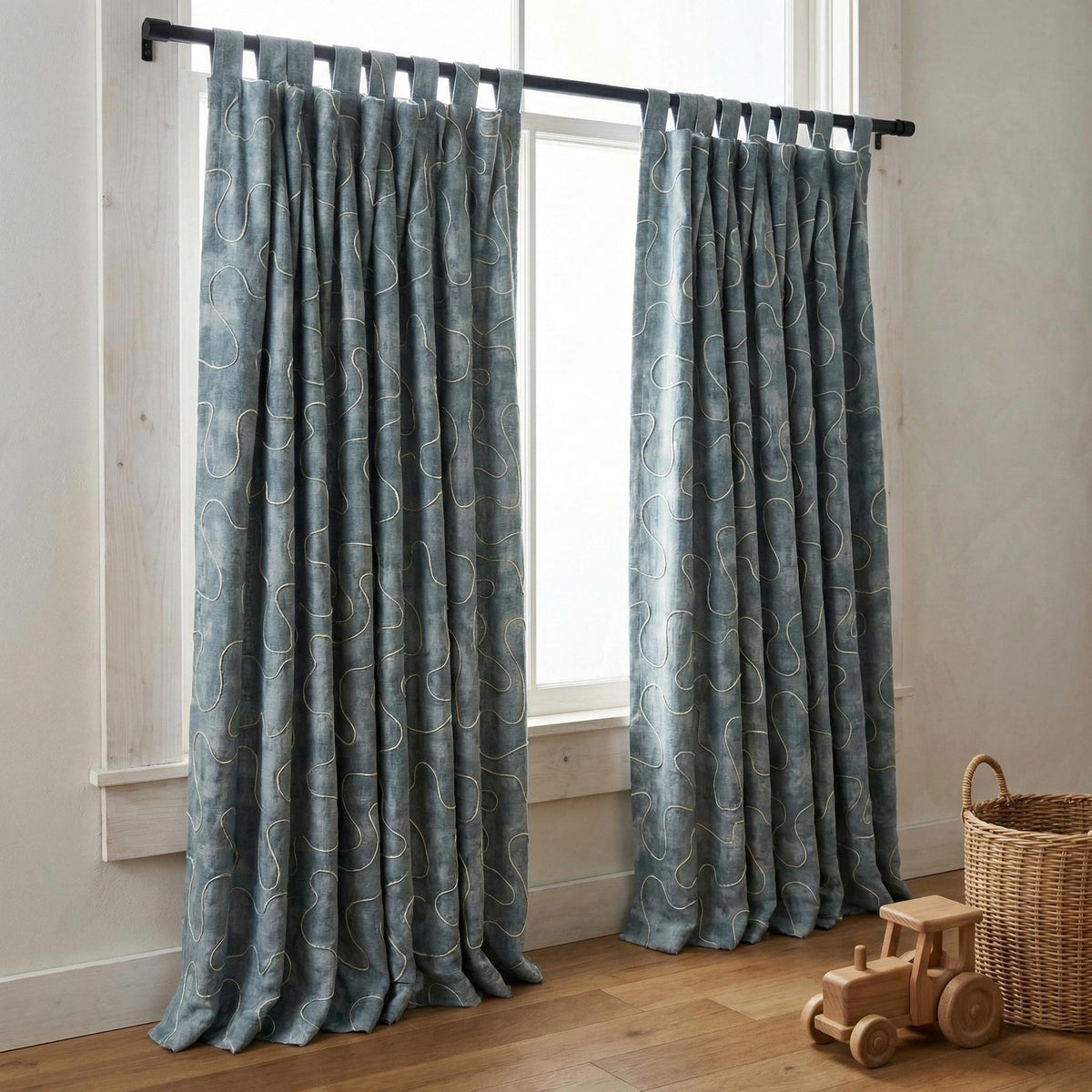 Denim Blue Linen Curtains, Abstract Squiggle Embroidery, Nursery Blackout Drapes — image 9