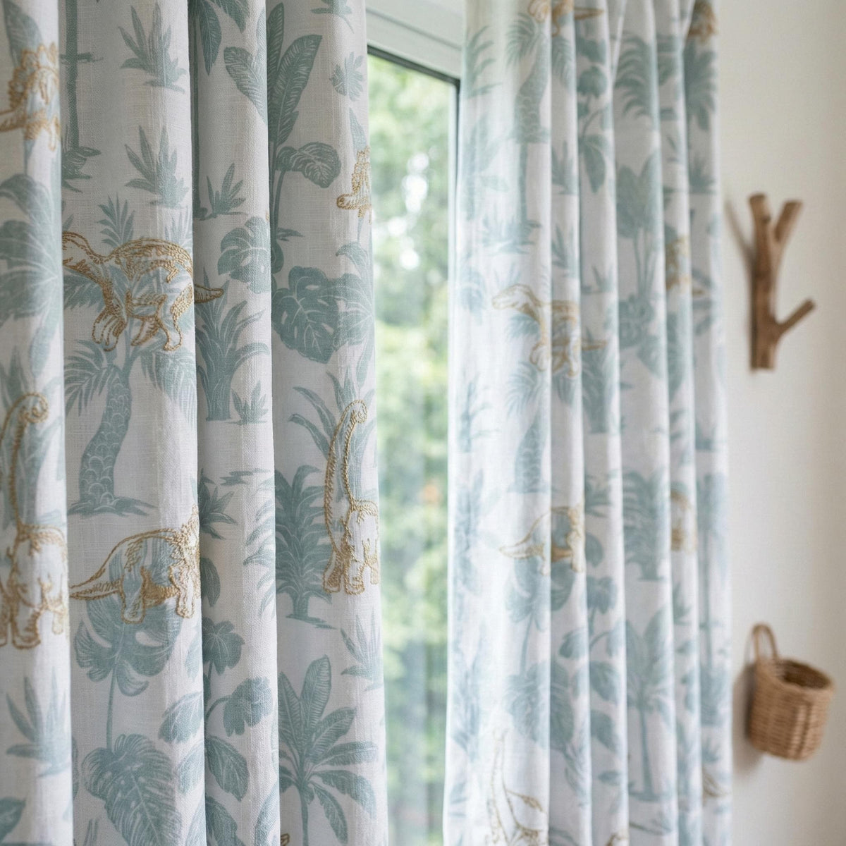 Embroidered Dinosaur Linen Curtains, White Sage Jungle Print, Nursery Decor — image 4