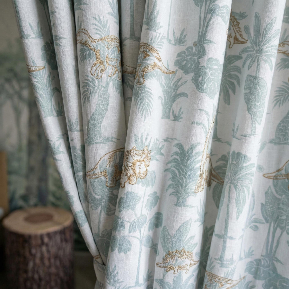 Embroidered Dinosaur Linen Curtains, White Sage Jungle Print, Nursery Decor — image 3