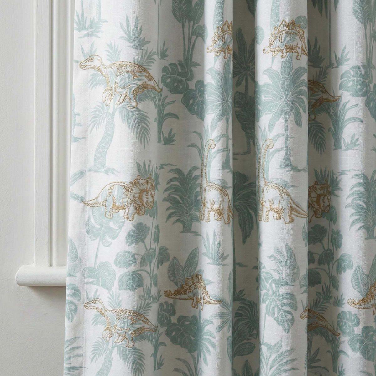 Embroidered Dinosaur Linen Curtains, White Sage Jungle Print, Nursery Decor — image 8