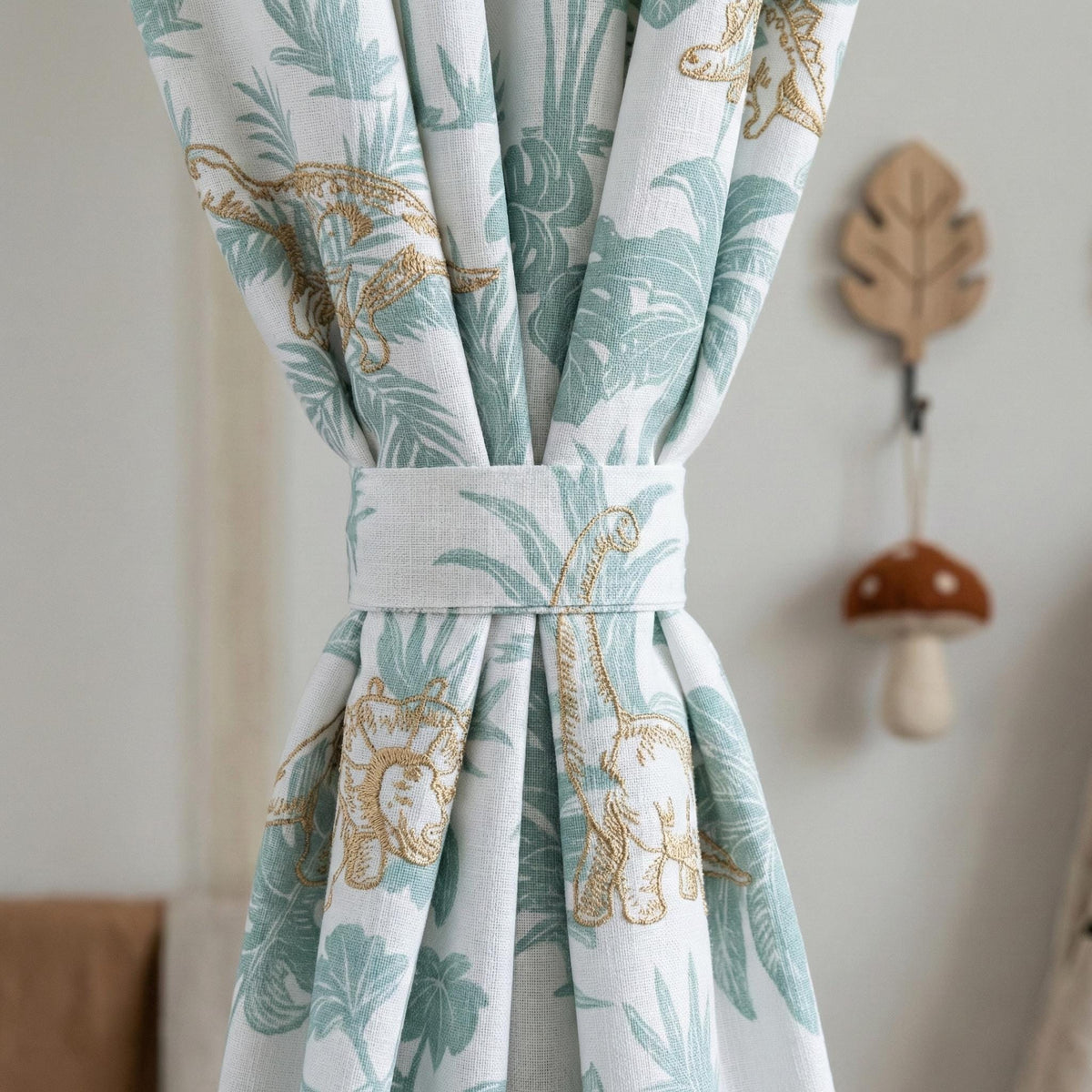 Embroidered Dinosaur Linen Curtains, White Sage Jungle Print, Nursery Decor — image 5