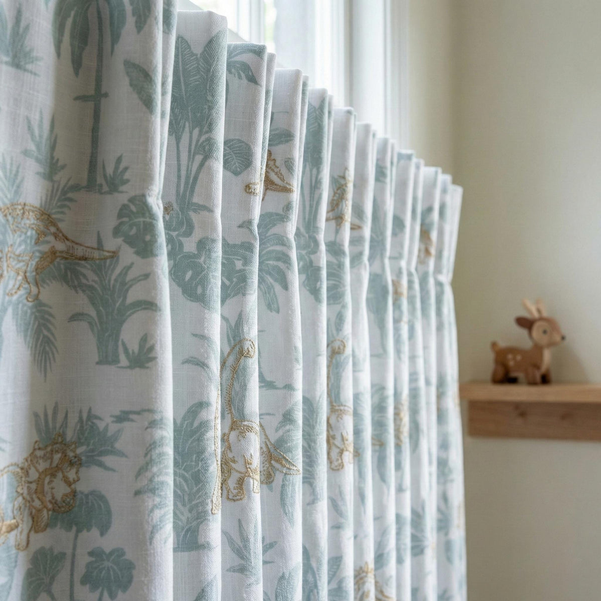 Embroidered Dinosaur Linen Curtains, White Sage Jungle Print, Nursery Decor — image 9
