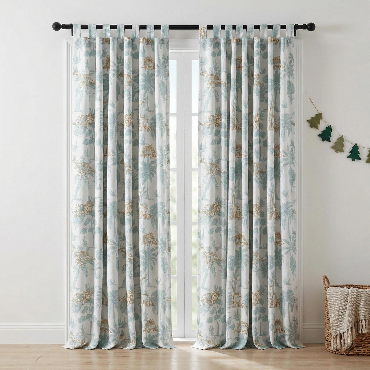Embroidered Dinosaur Linen Curtains, White Sage Jungle Print, Nursery Decor — image 10