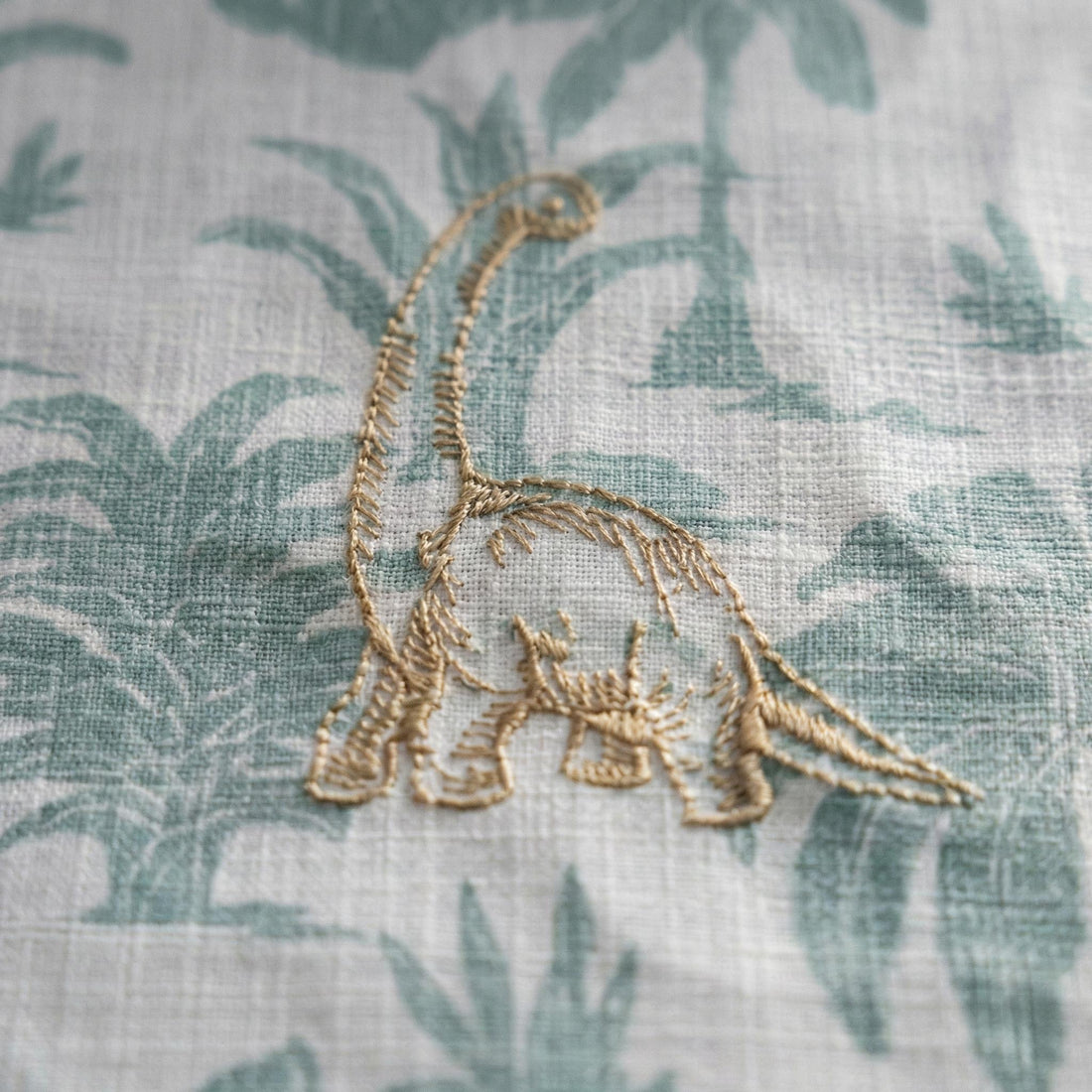Embroidered Dinosaur Linen Curtains, White Sage Jungle Print, Nursery Decor — image 1