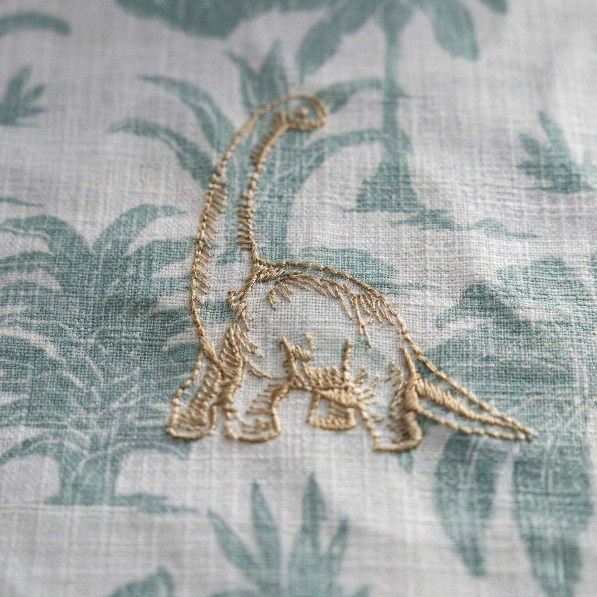 Embroidered Dinosaur Linen Curtains, White Sage Jungle Print, Nursery Decor — image 2
