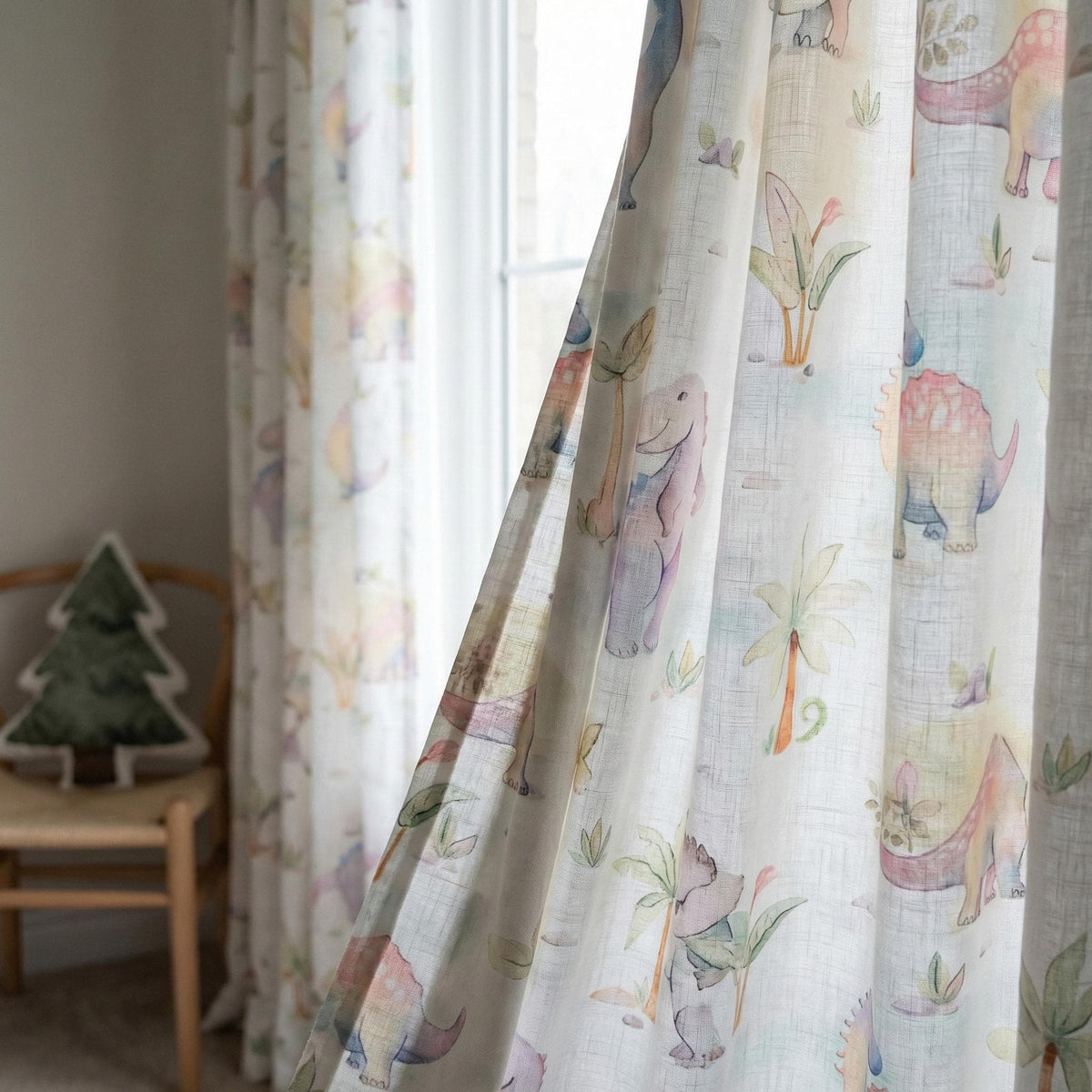 Watercolor Dinosaur Linen Nursery Curtains, Kids Room Drapes — image 4