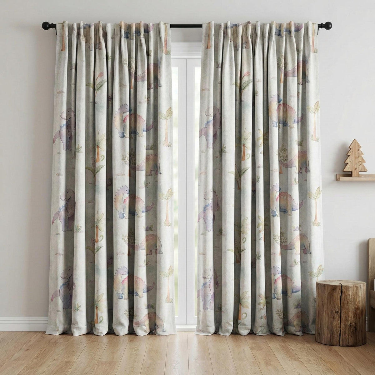 Watercolor Dinosaur Linen Nursery Curtains, Kids Room Drapes — image 10