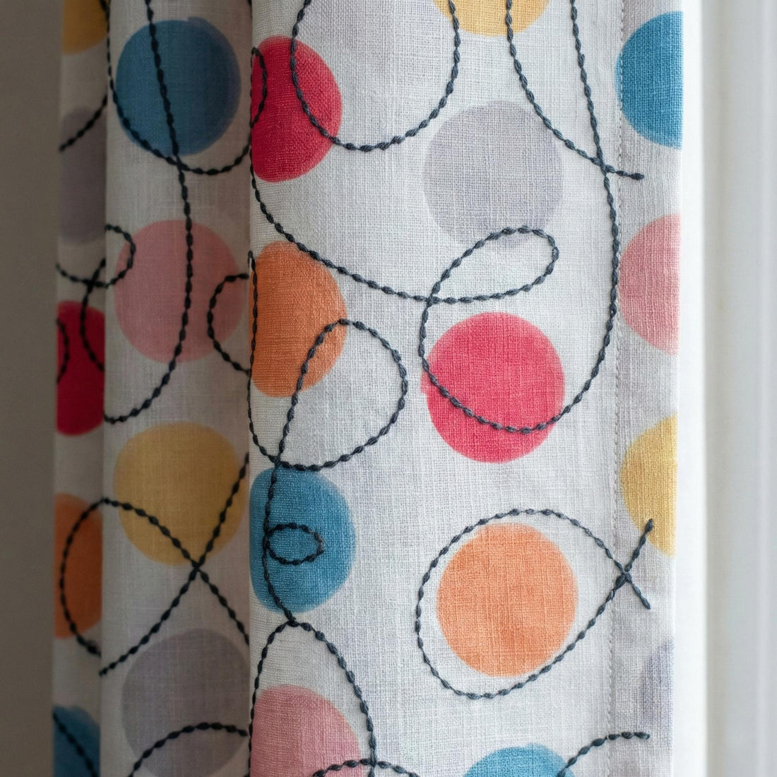Embroidered Linen Nursery Curtains, Colorful Polka Dot Kids Room Drapes — image 1