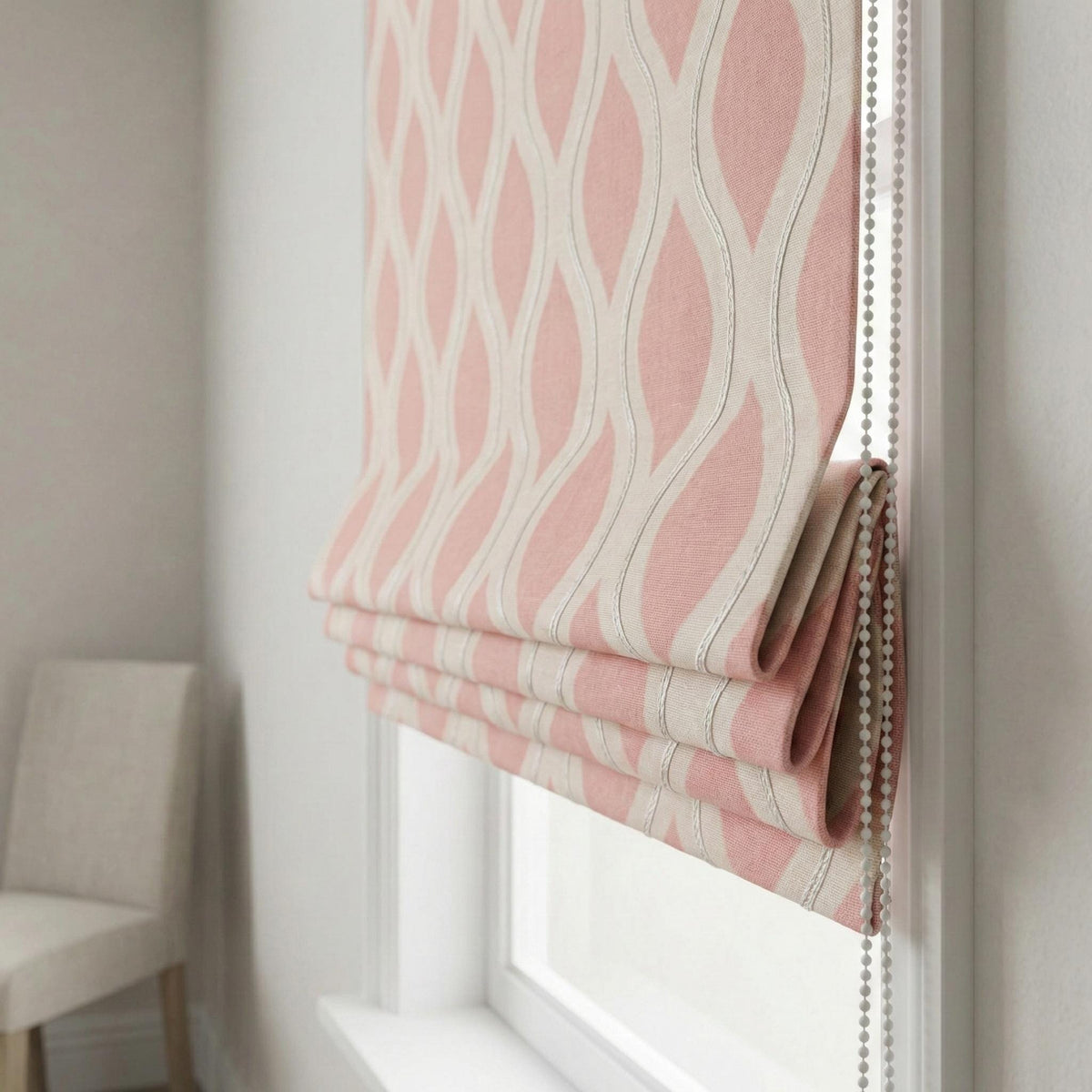 Blush Pink Ogee Linen Roman Shade, Embroidered Window Blind, Custom Size — image 2
