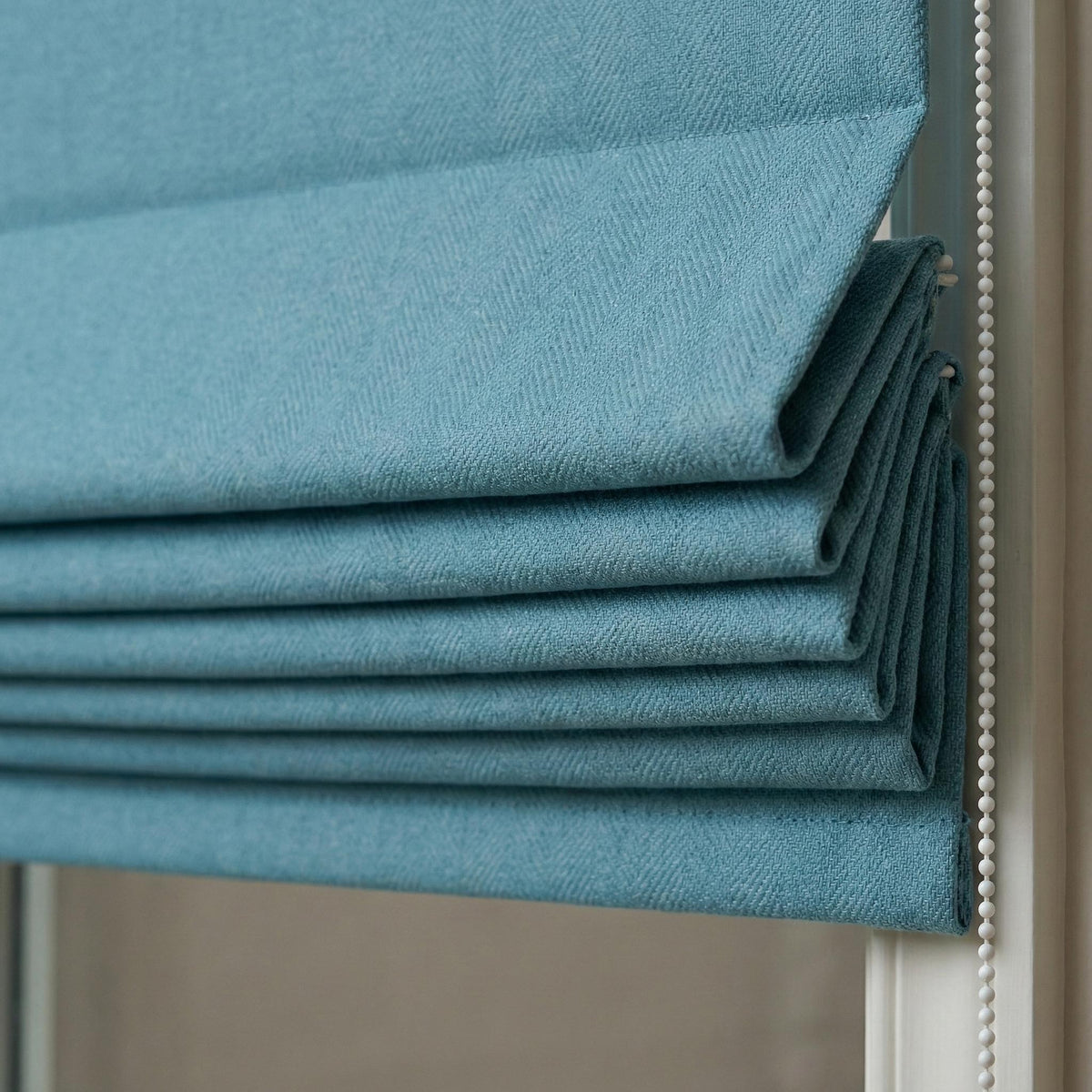 Custom Teal Blue Linen Herringbone Roman Shade, Blackout or Light Filtering — image 1