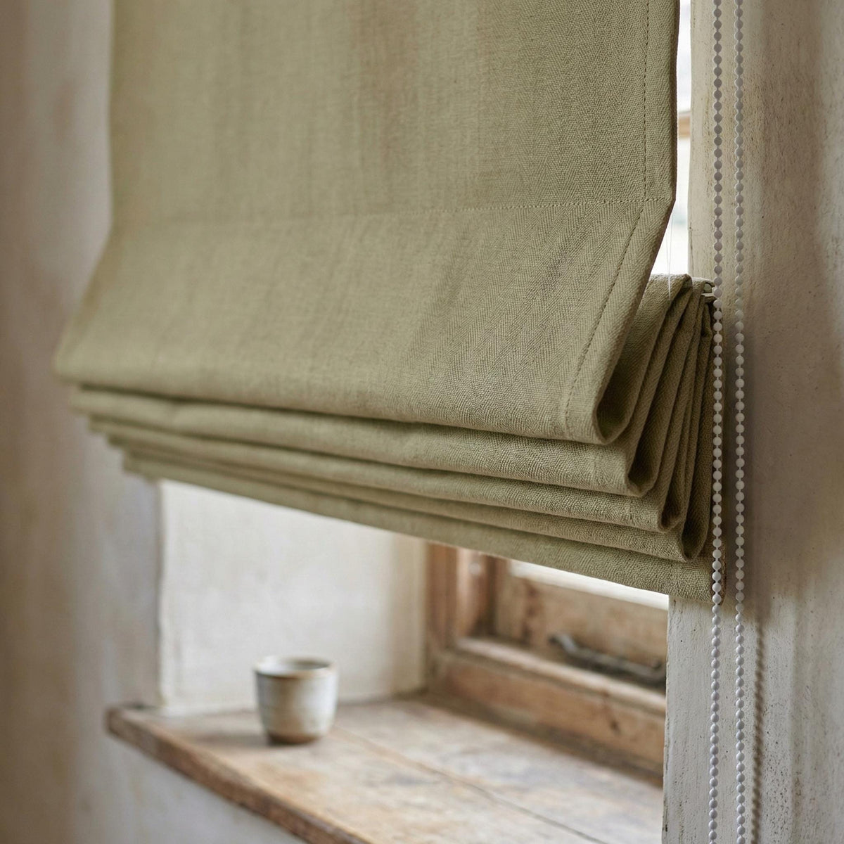 Custom Olive Sage Linen Herringbone Roman Shade, Blackout Option — image 1