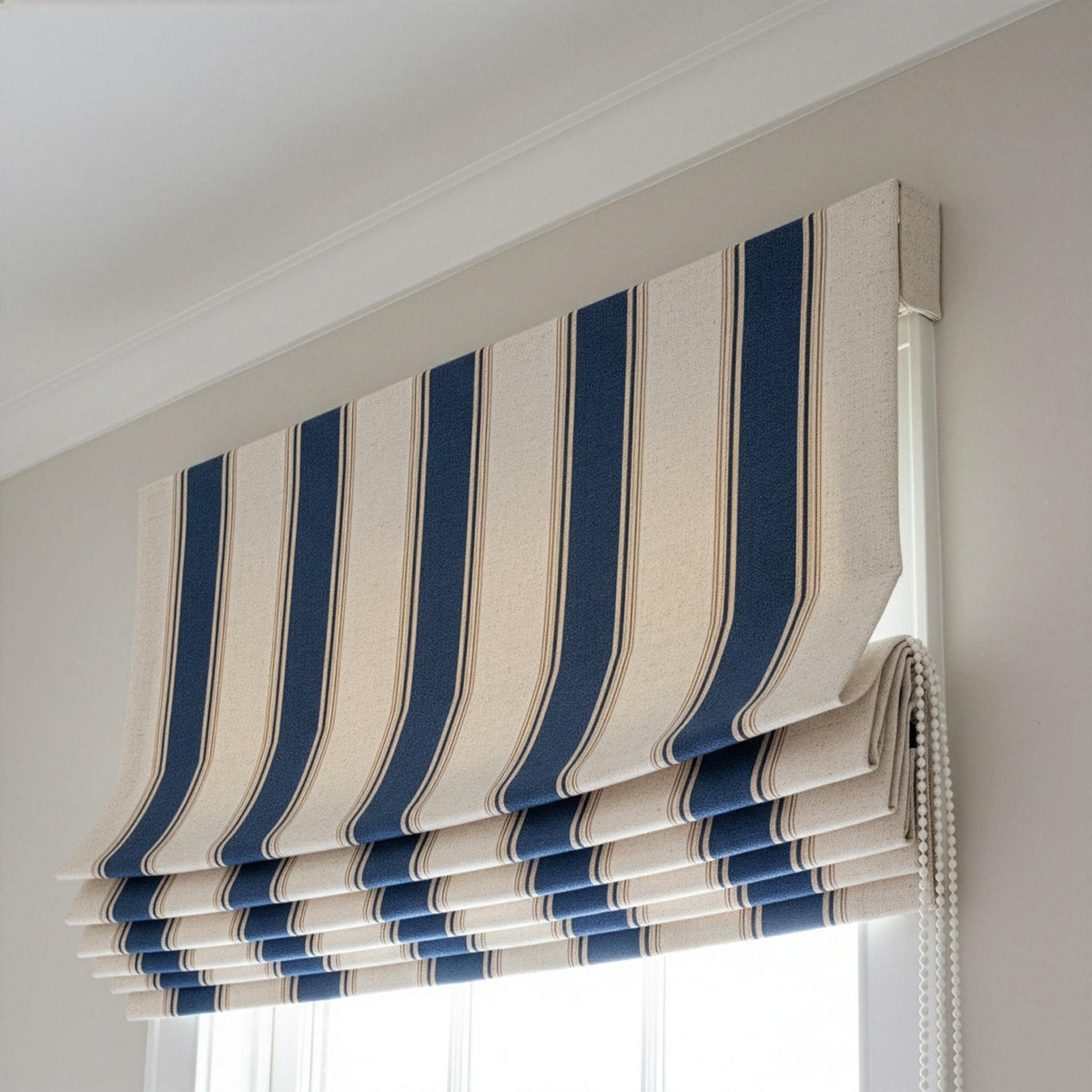 Roman Shade: Navy Farmhouse Stripe Linen (Custom Fit, Light-Filtering or Blackout) — image 2