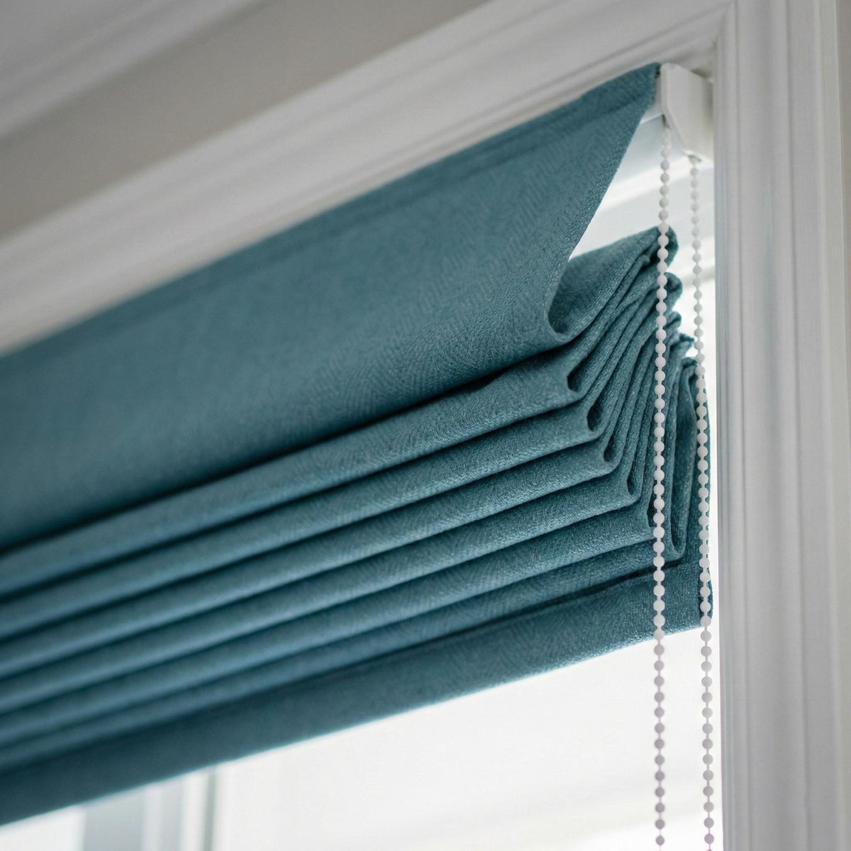 Custom Teal Blue Linen Herringbone Roman Shade, Blackout or Light Filtering — image 4